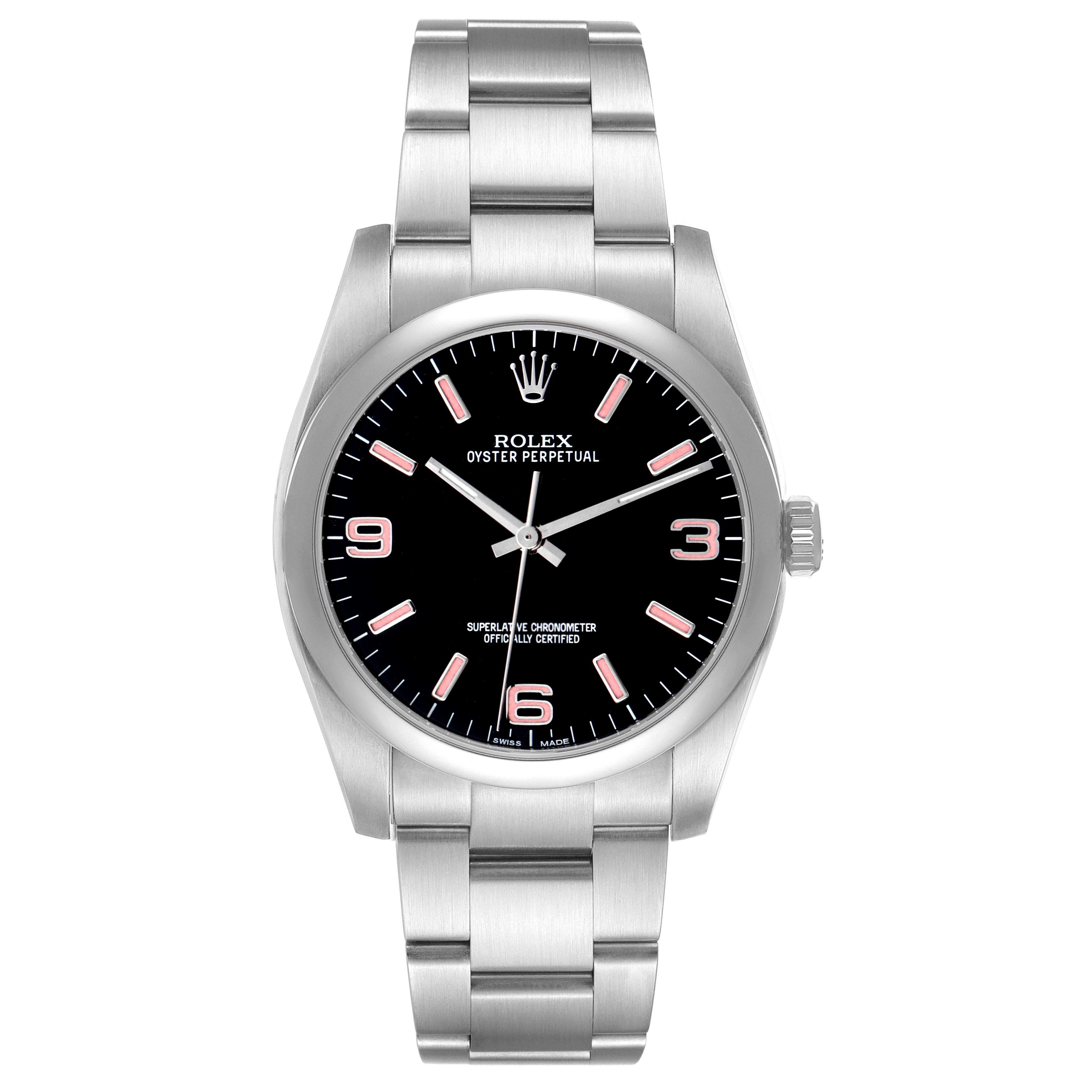 This Rolex Oyster Perpetual 116000 Men's Stainless Steel Black Dial watch is shown from a front angle, displaying the face, bezel, and bracelet.