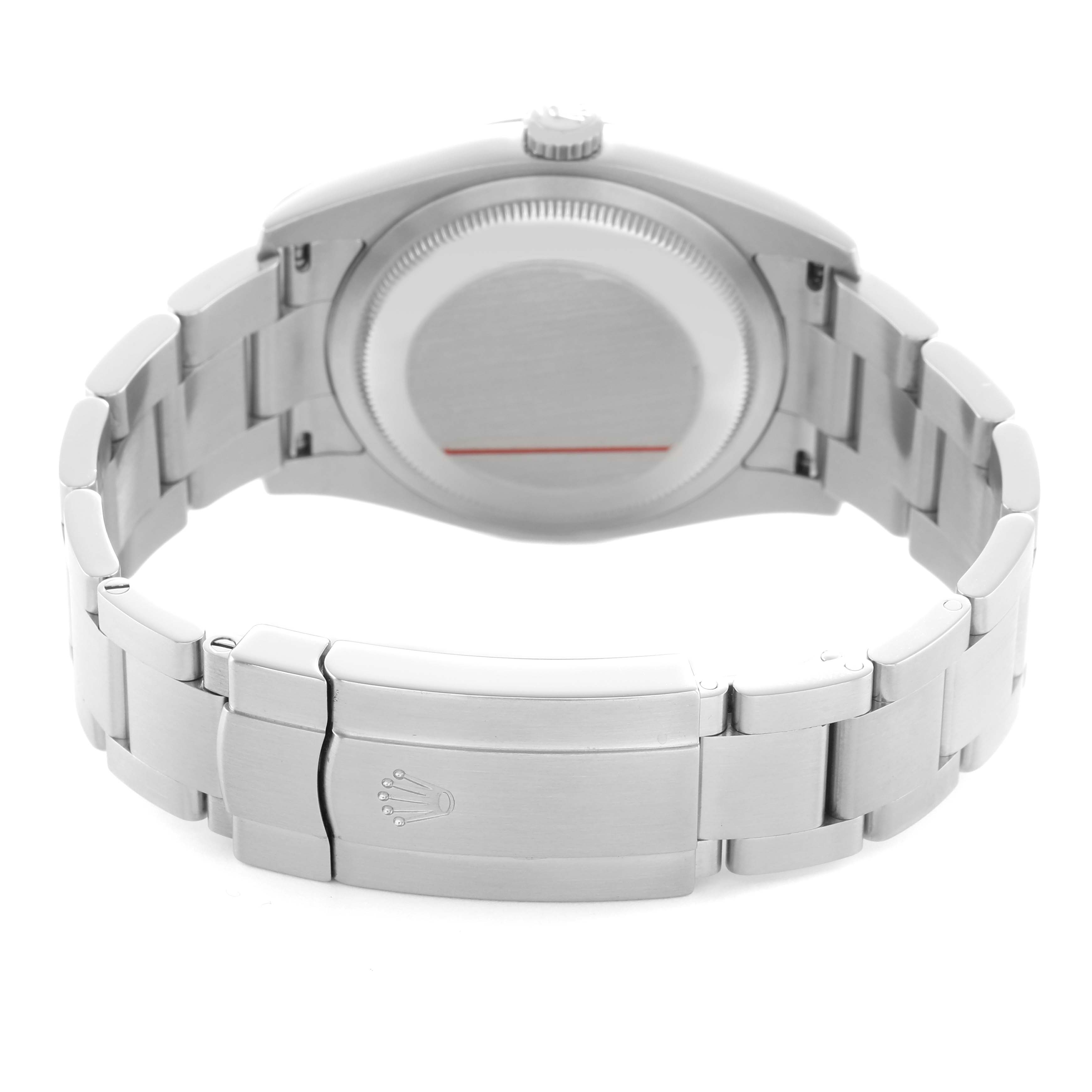 The image shows the back of a Rolex Oyster Perpetual 116000 Men's Stainless Steel Black Dial watch, highlighting the case back and metal bracelet with the clasp open.