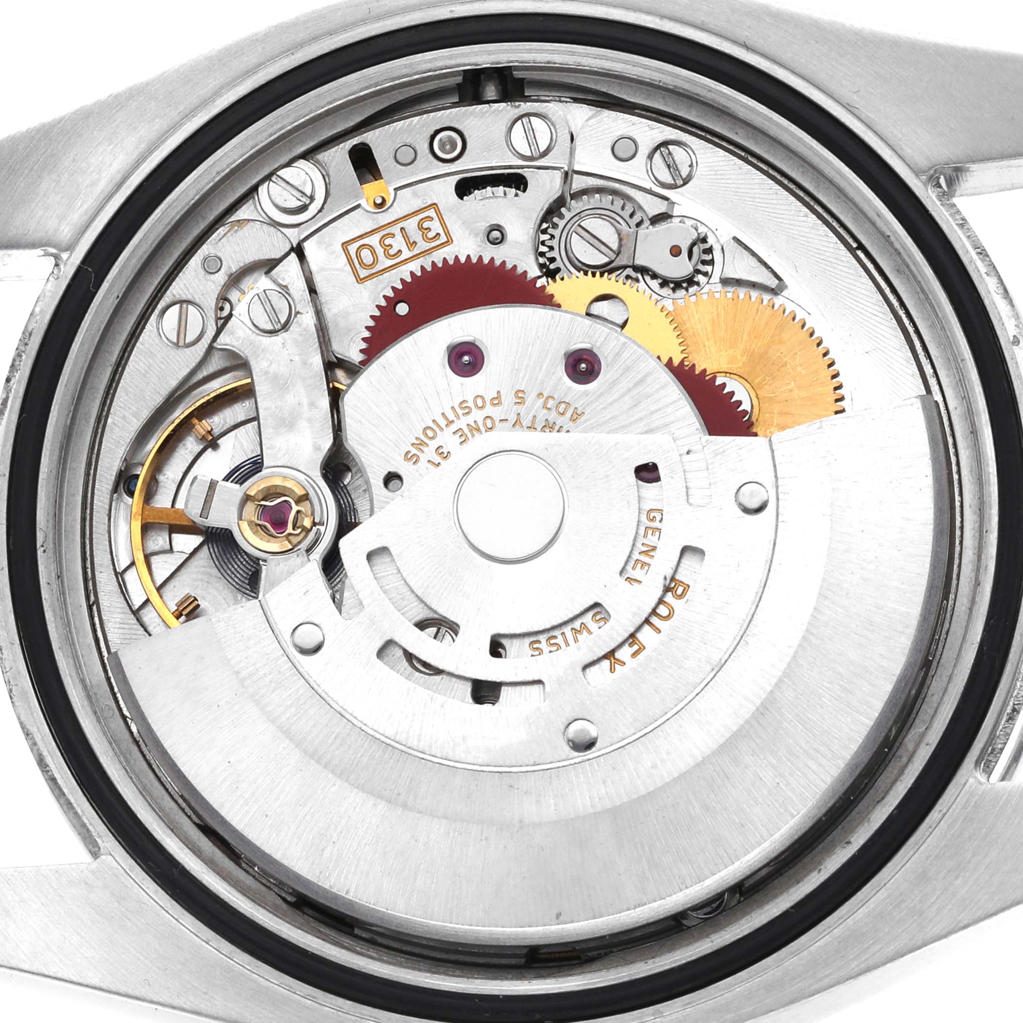 The image shows the movement of a Rolex Oyster Perpetual 116000 Men's Stainless Steel Black Dial watch from a back angle, revealing intricate gears and components.