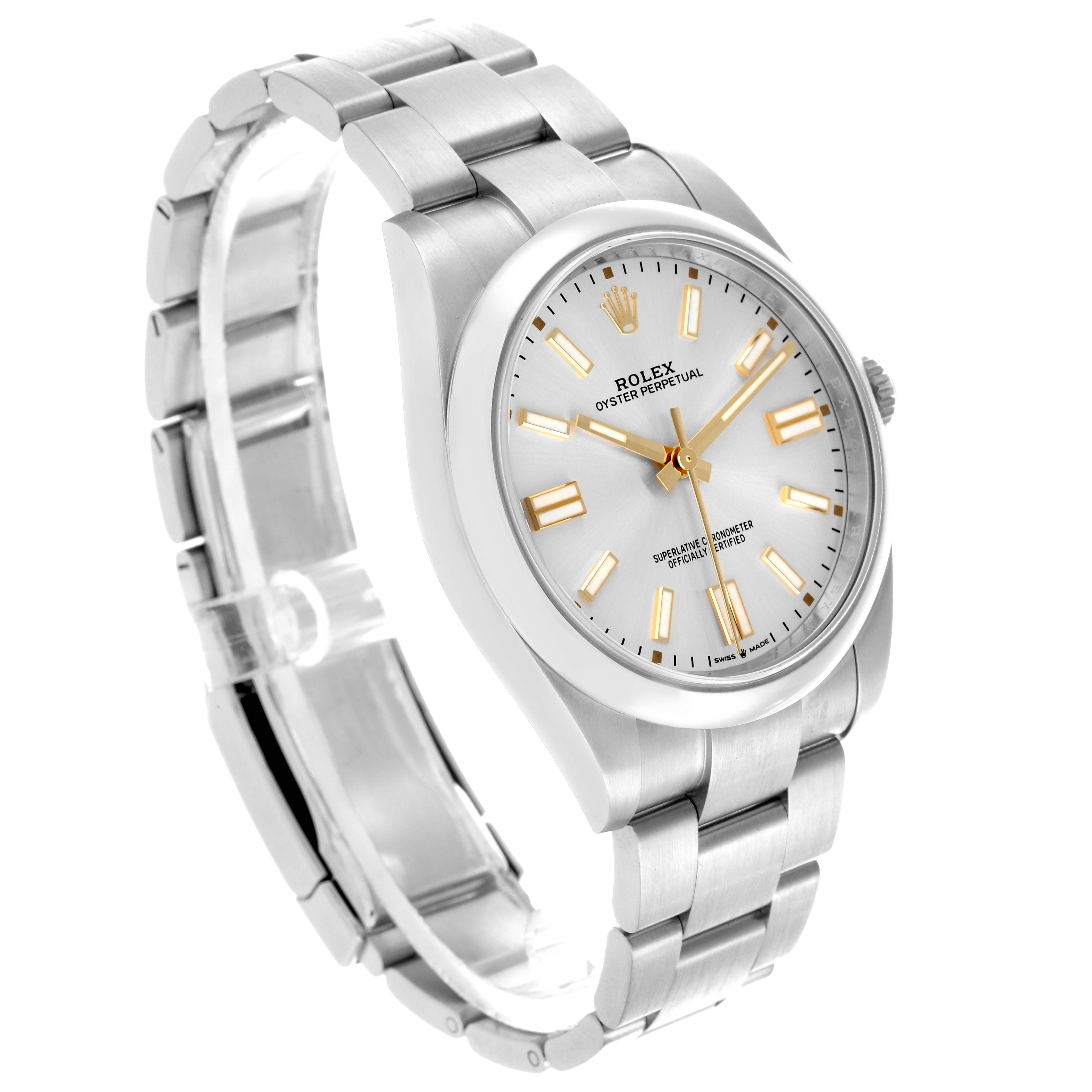 The Rolex Oyster Perpetual 124300 Men's Stainless Steel Silver Dial 124300 Men's Stainless Steel Silver Dial watch is shown at a slight angle, highlighting the face, bezel, and bracelet.