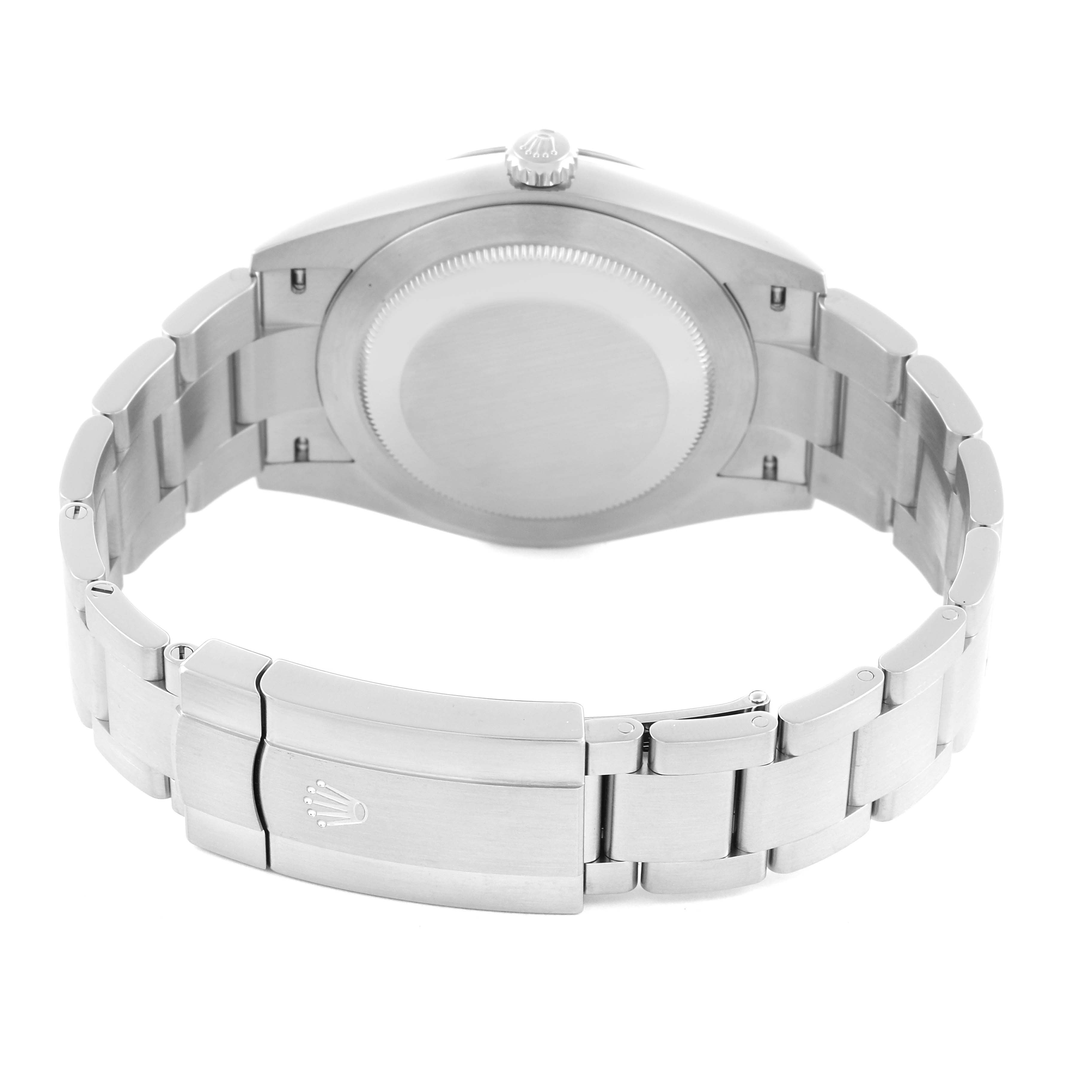 The image shows the back and bracelet of a Rolex Oyster Perpetual 124300 Men's Stainless Steel Silver Dial 124300 Men's Stainless Steel Silver Dial, highlighting the clasp and case back.