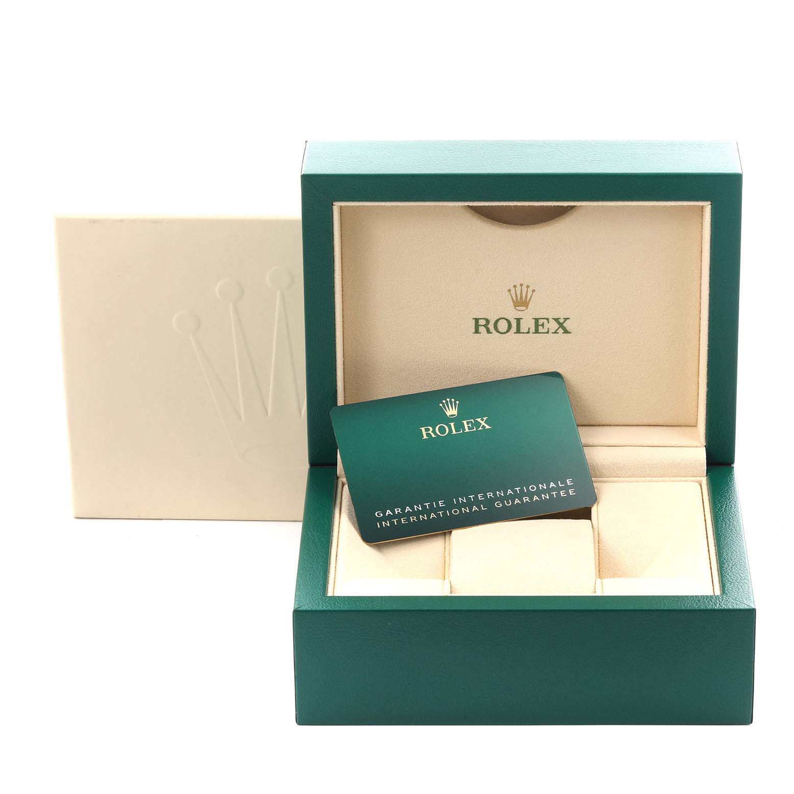 The image shows a Rolex Oyster Perpetual 124300 Men's Stainless Steel Silver Dial 124300 Men's Stainless Steel Silver Dial box with an international guarantee card inside.