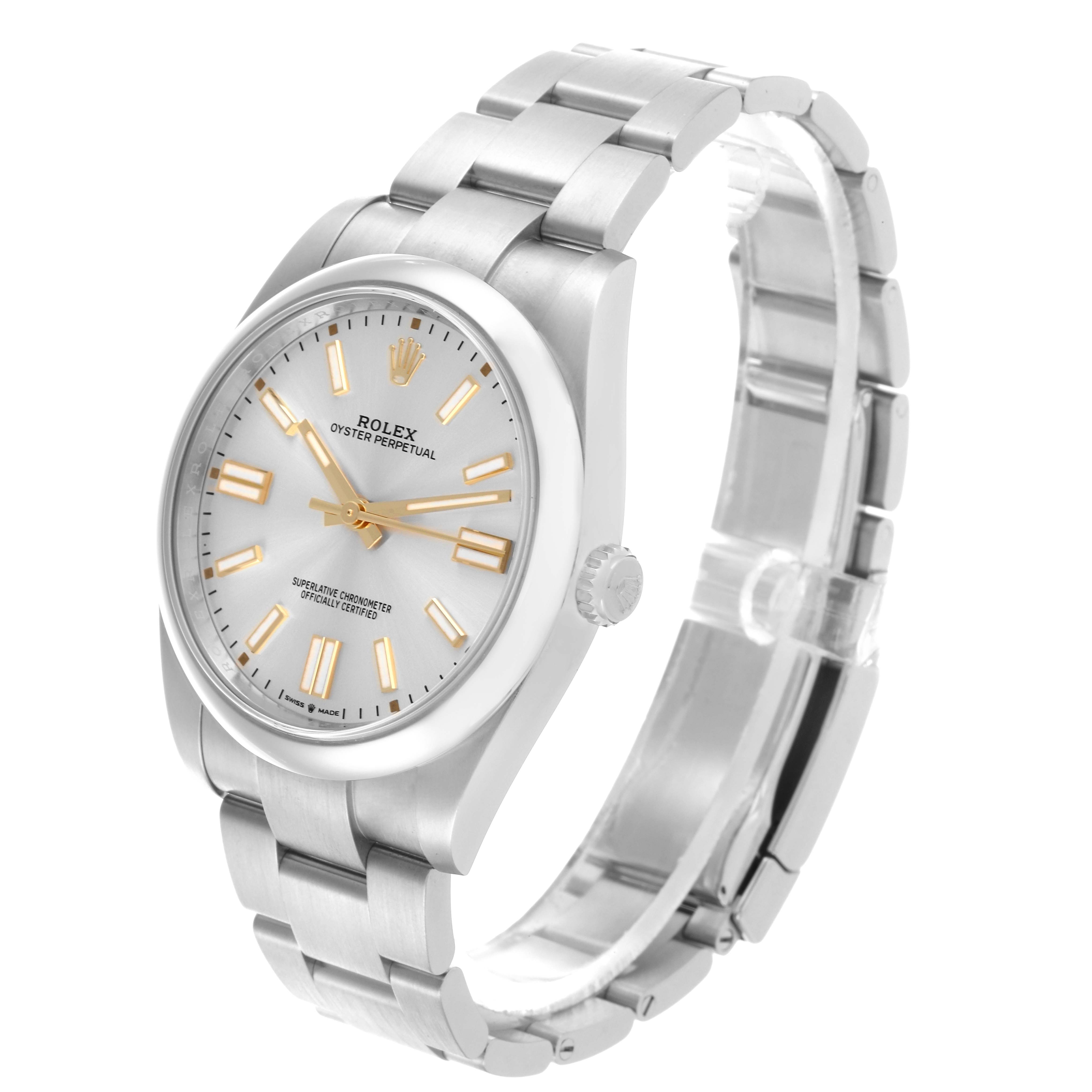 The Rolex Oyster Perpetual 124300 Men's Stainless Steel Silver Dial 124300 Men's Stainless Steel Silver Dial watch is shown at a slight angle, highlighting the dial, case, bezel, and bracelet.