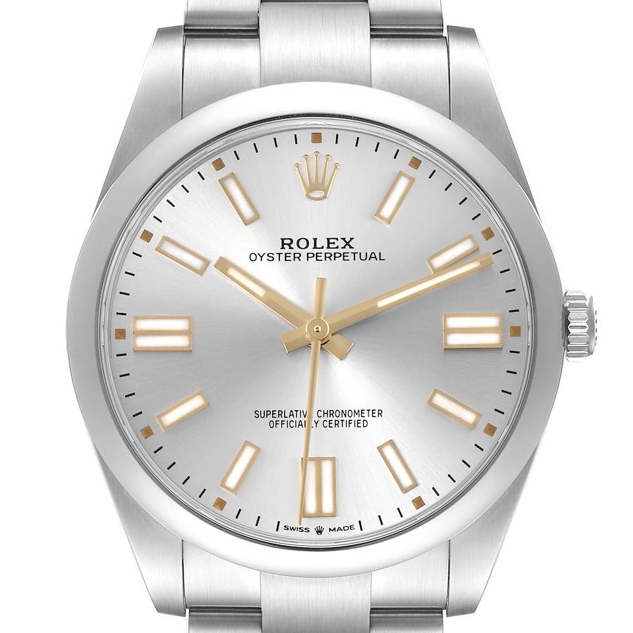 The image shows a frontal view of the Rolex Oyster Perpetual, highlighting its face, bezel, and part of the bracelet.