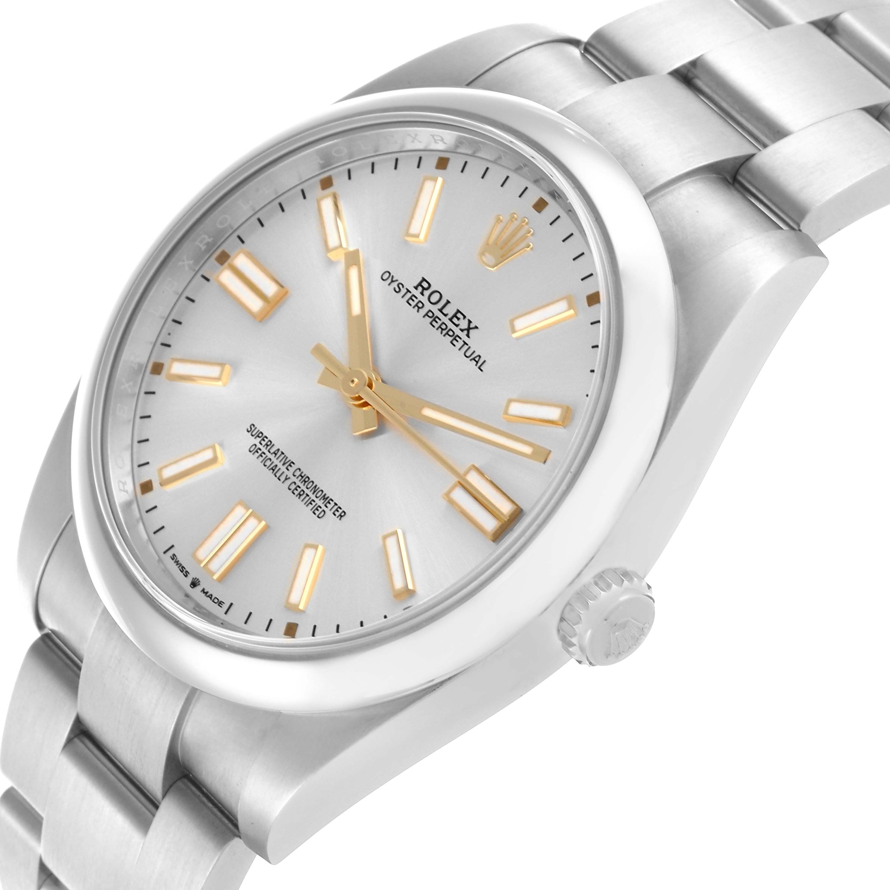 The image shows a Rolex Oyster Perpetual 124300 Men's Stainless Steel Silver Dial 124300 Men's Stainless Steel Silver Dial watch from a side angle, highlighting the dial, crown, and bracelet.