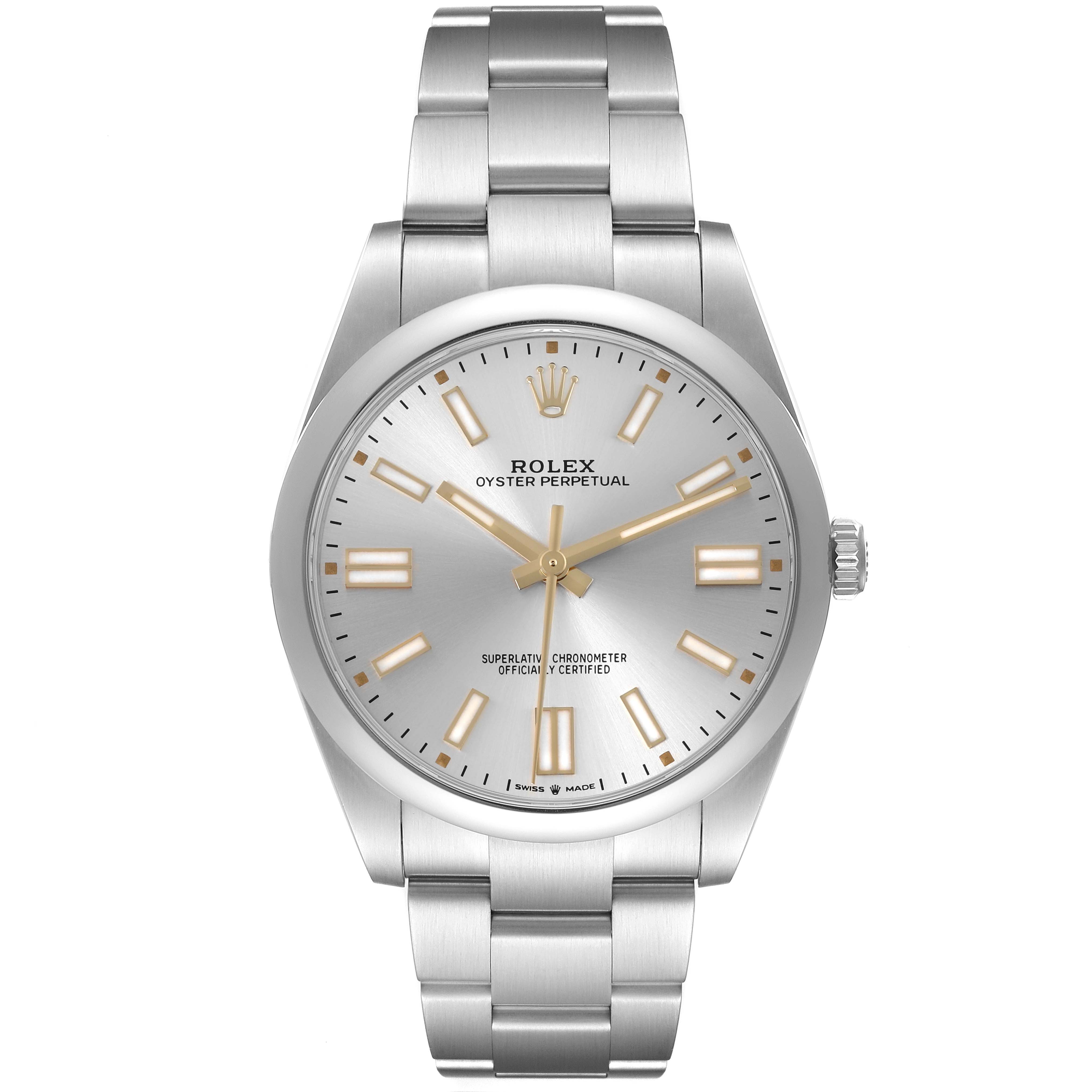 The Rolex Oyster Perpetual 124300 Men's Stainless Steel Silver Dial 124300 Men's Stainless Steel Silver Dial watch is shown from a front angle, displaying its dial, bracelet, and crown.