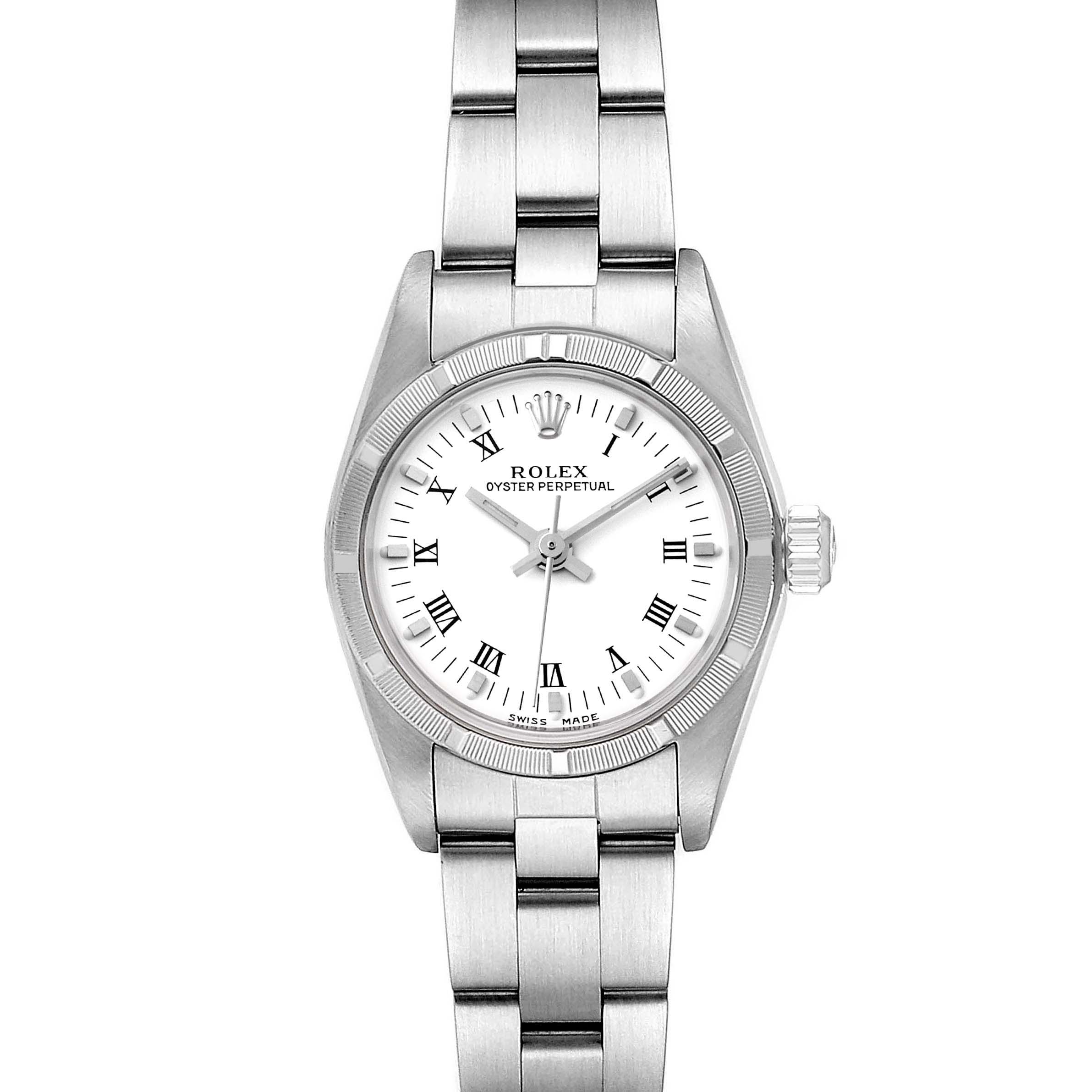 This image shows a front view of the Rolex Oyster Perpetual 76030 Women's Stainless Steel White Dial 76030 Women's Stainless Steel White Dial watch, highlighting its face, bezel, bracelet, and crown.