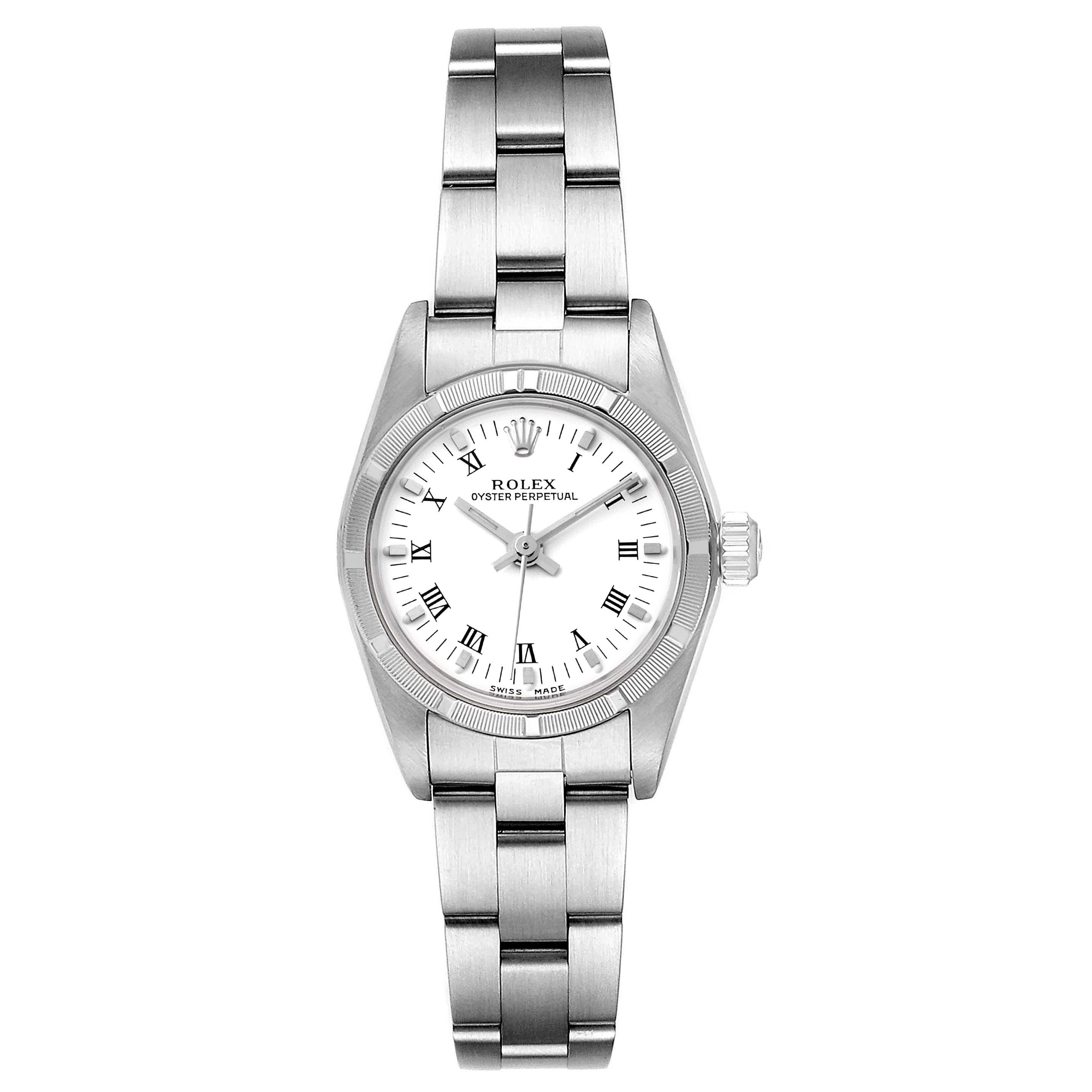 This image shows a frontal view of the Rolex Oyster Perpetual 76030 Women's Stainless Steel White Dial 76030 Women's Stainless Steel White Dial watch, highlighting its stainless steel case, bracelet, and white dial.