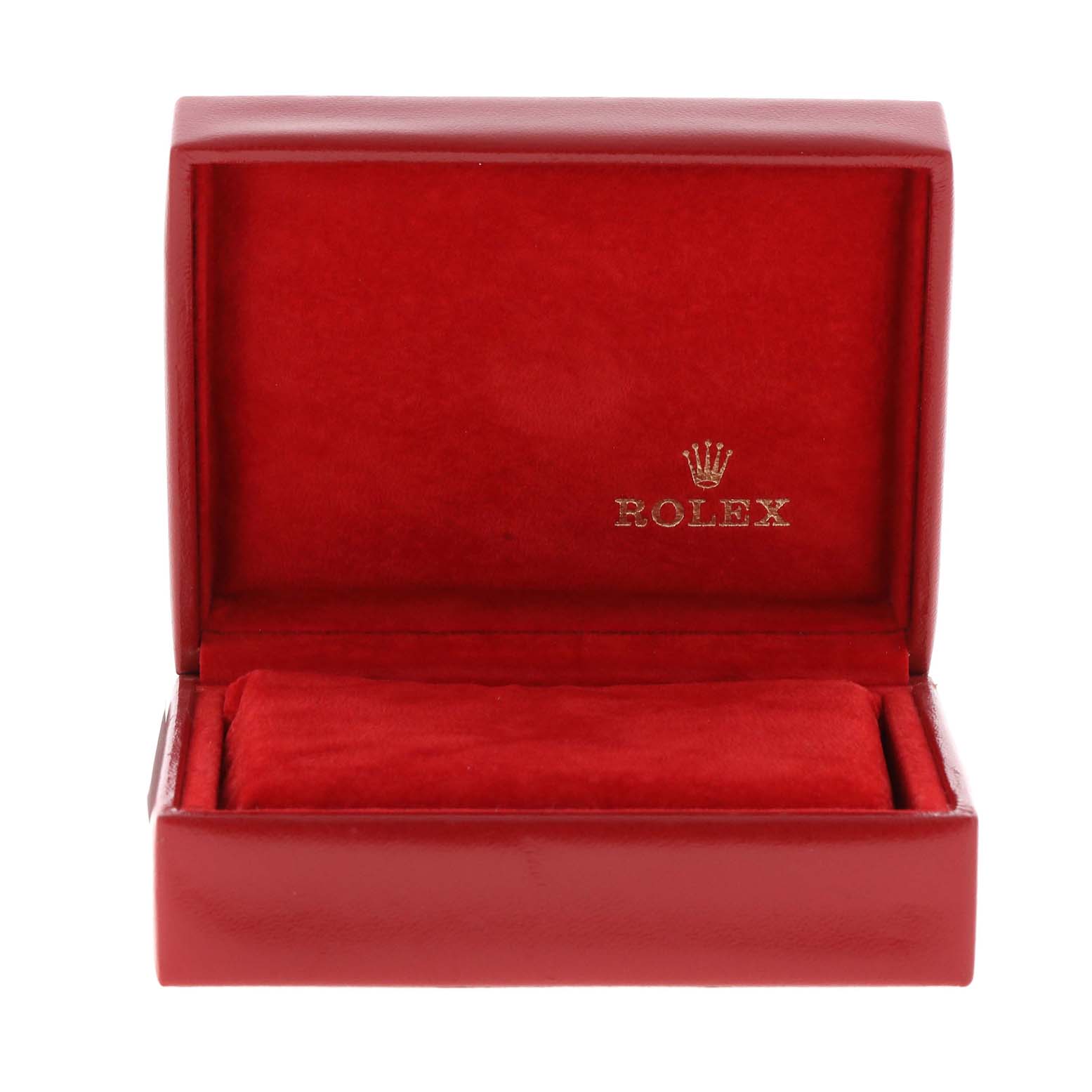 This image shows an open red Rolex watch box for the Oyster Perpetual model, with the brand logo inside.