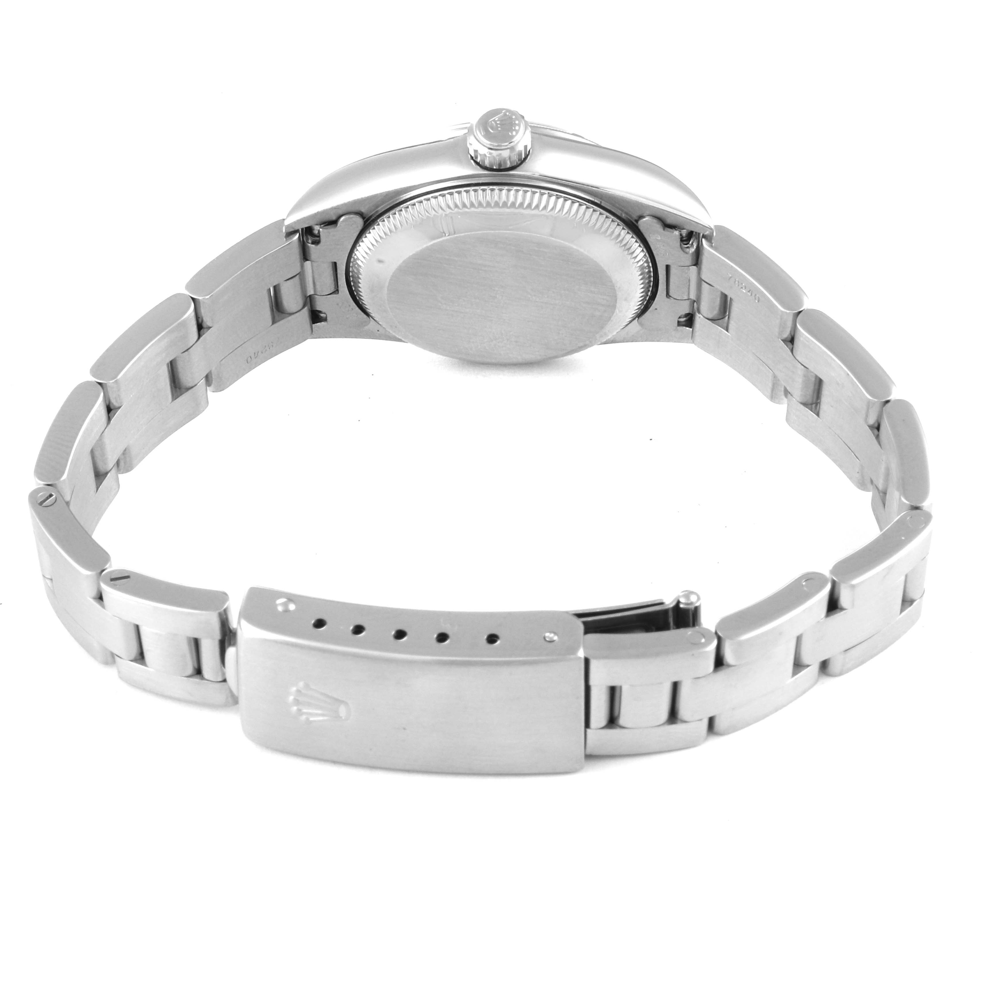 The image shows the back case, crown, and stainless steel bracelet of a Rolex Oyster Perpetual 76030 Women's Stainless Steel White Dial 76030 Women's Stainless Steel White Dial watch.
