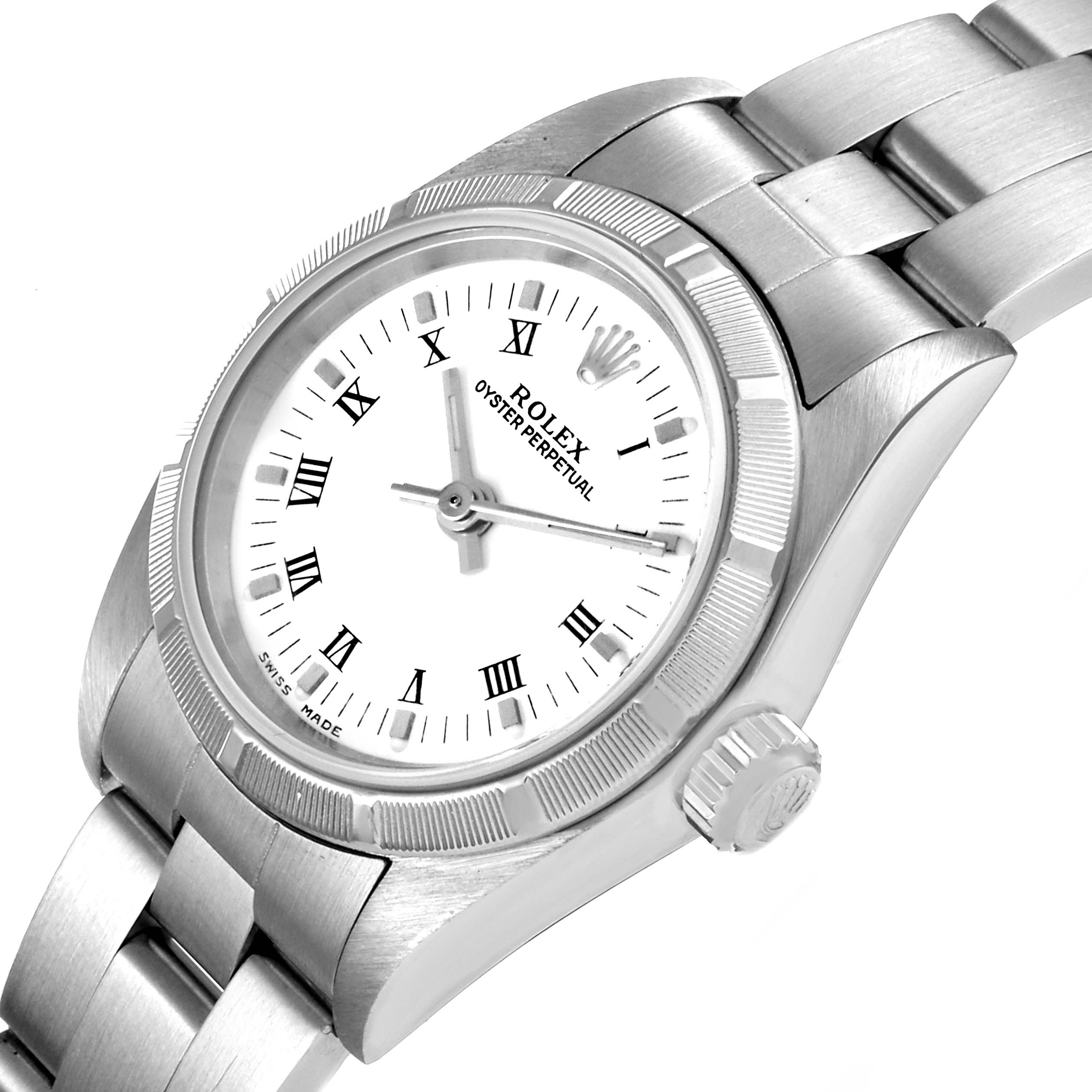The Rolex Oyster Perpetual 76030 Women's Stainless Steel White Dial 76030 Women's Stainless Steel White Dial watch is shown at an angled view, displaying its dial, bezel, crown, and part of the bracelet.