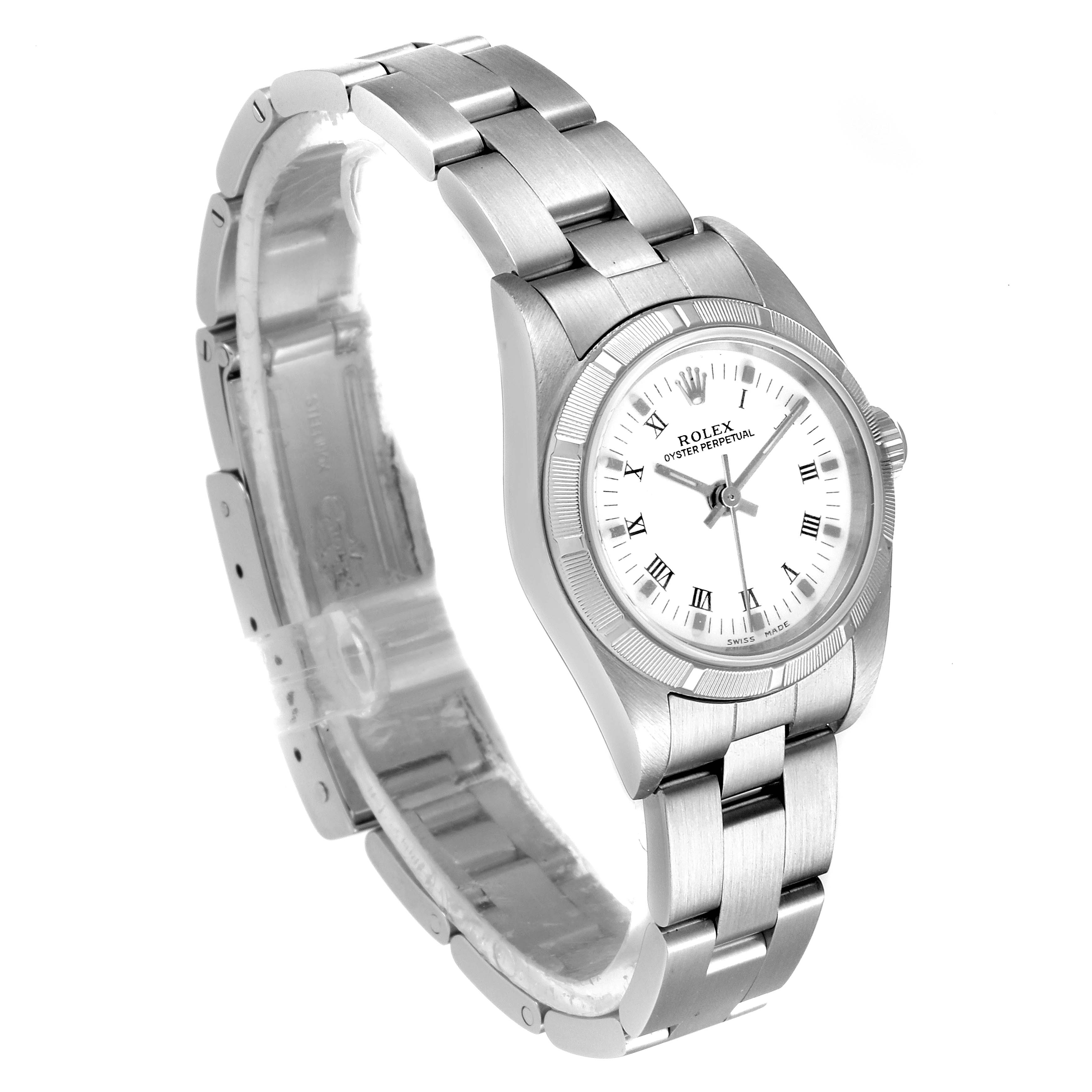 The Rolex Oyster Perpetual 76030 Women's Stainless Steel White Dial 76030 Women's Stainless Steel White Dial watch is shown at a three-quarter angle, displaying its stainless steel bracelet, case, and white dial.