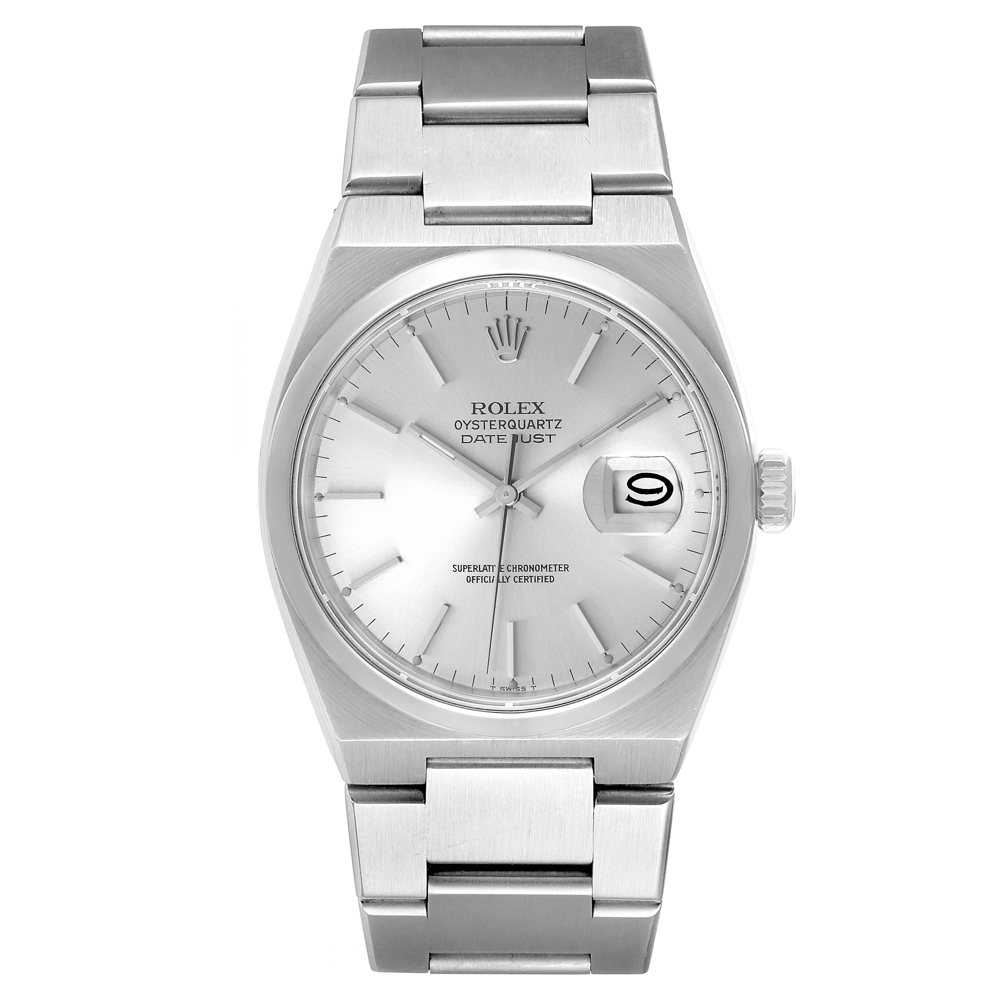 The image shows a front view of the Rolex Oysterquartz 17000 Men's Stainless Steel Silver Dial 17000 Men's Stainless Steel Silver Dial Datejust watch, displaying its dial, bracelet, and crown.