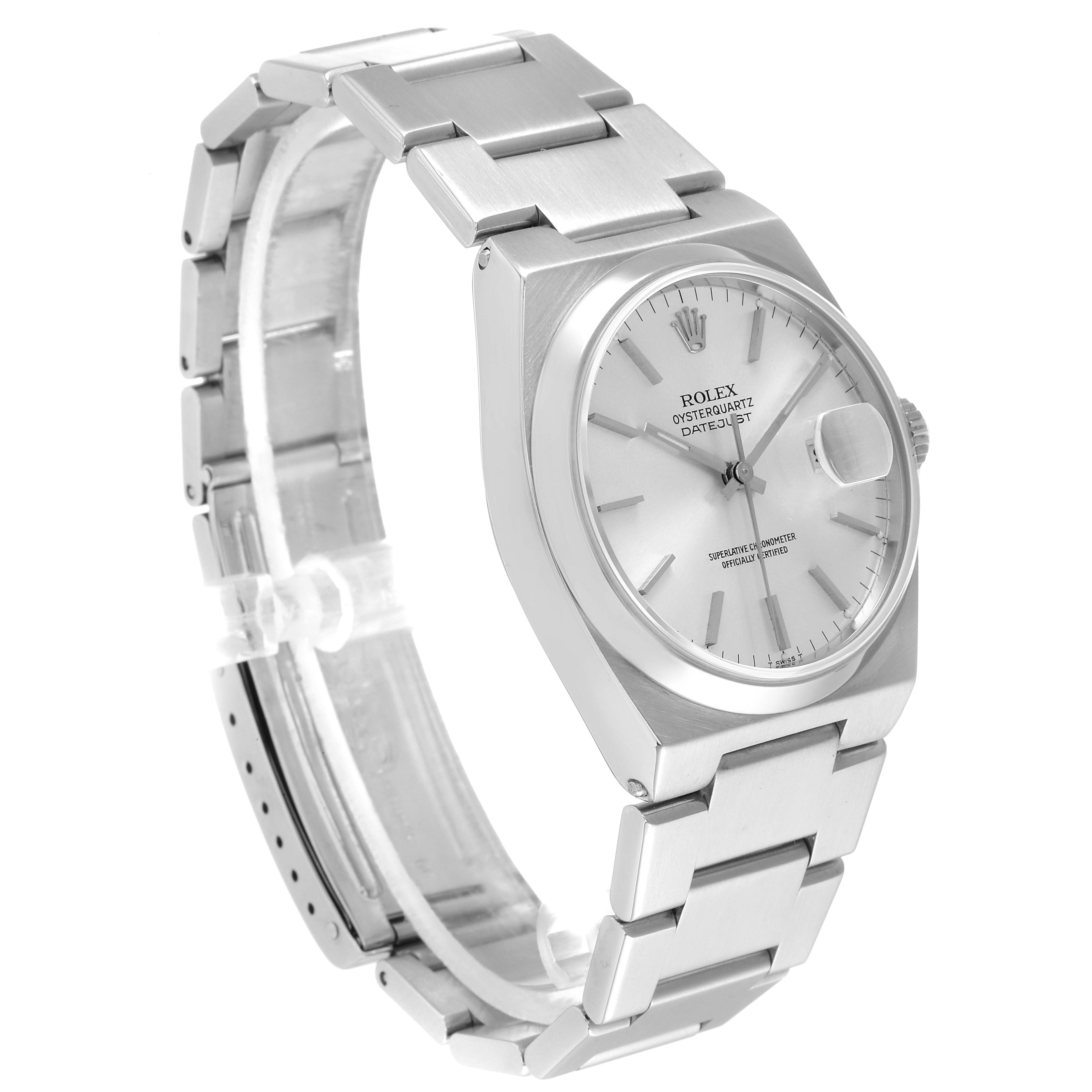 The image shows a Rolex Oysterquartz 17000 Men's Stainless Steel Silver Dial 17000 Men's Stainless Steel Silver Dial watch at a slight angle, revealing its dial, stainless steel bracelet, and side profile.