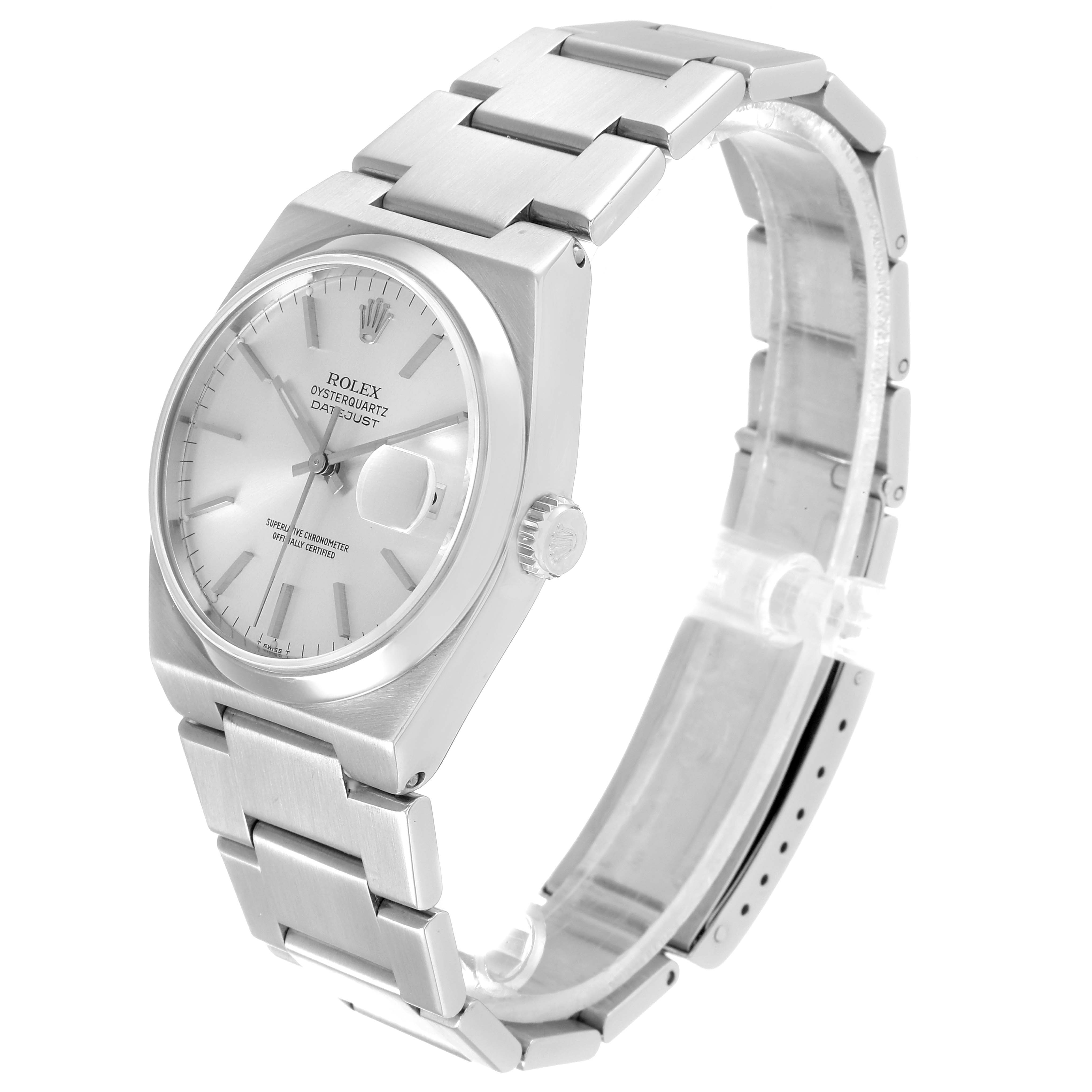 The image shows a side angle of the Rolex Oysterquartz 17000 Men's Stainless Steel Silver Dial 17000 Men's Stainless Steel Silver Dial, displaying the face, crown, and metal bracelet of the watch.