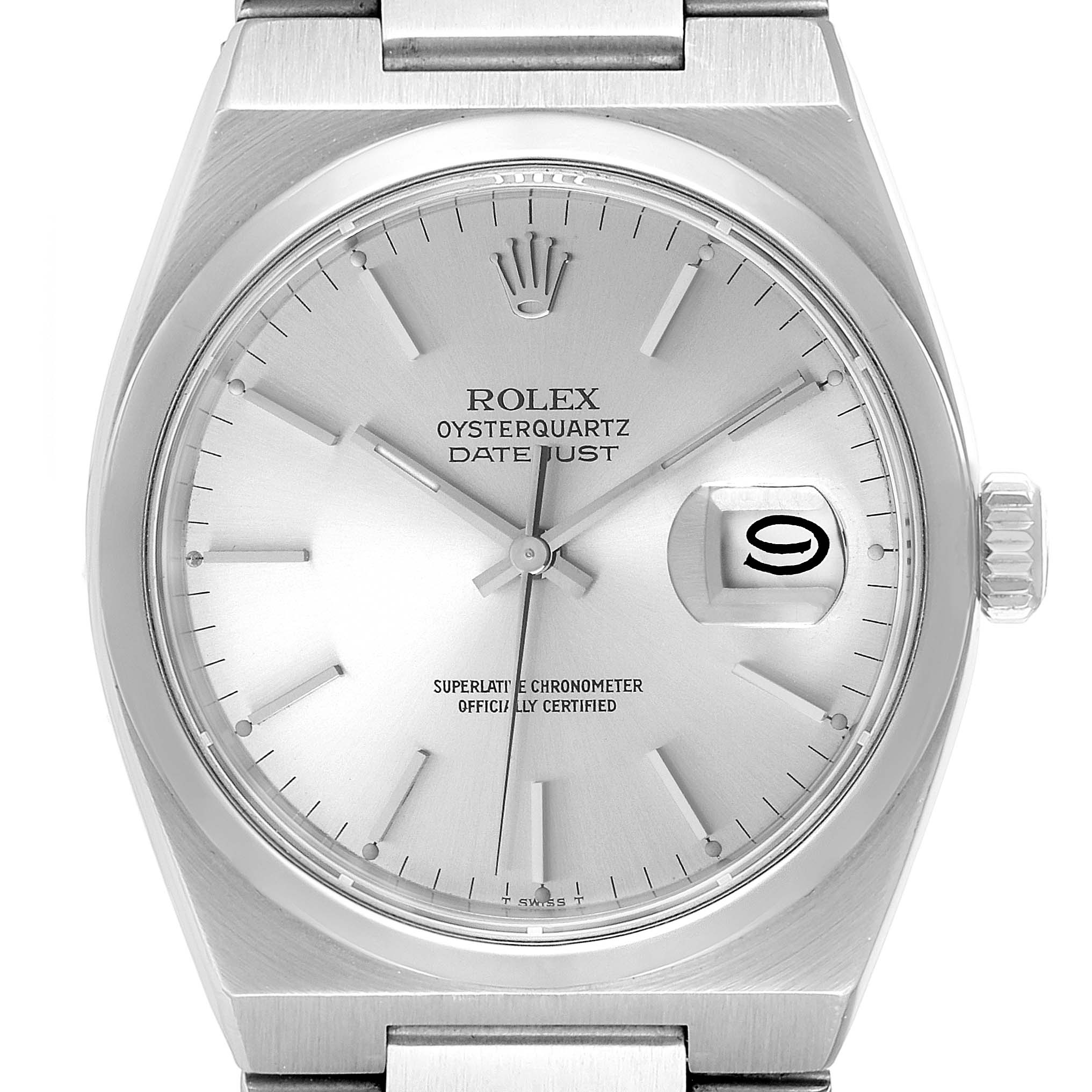 The image shows a front view of a Rolex Oysterquartz 17000 Men's Stainless Steel Silver Dial 17000 Men's Stainless Steel Silver Dial Datejust watch face and part of its bracelet.