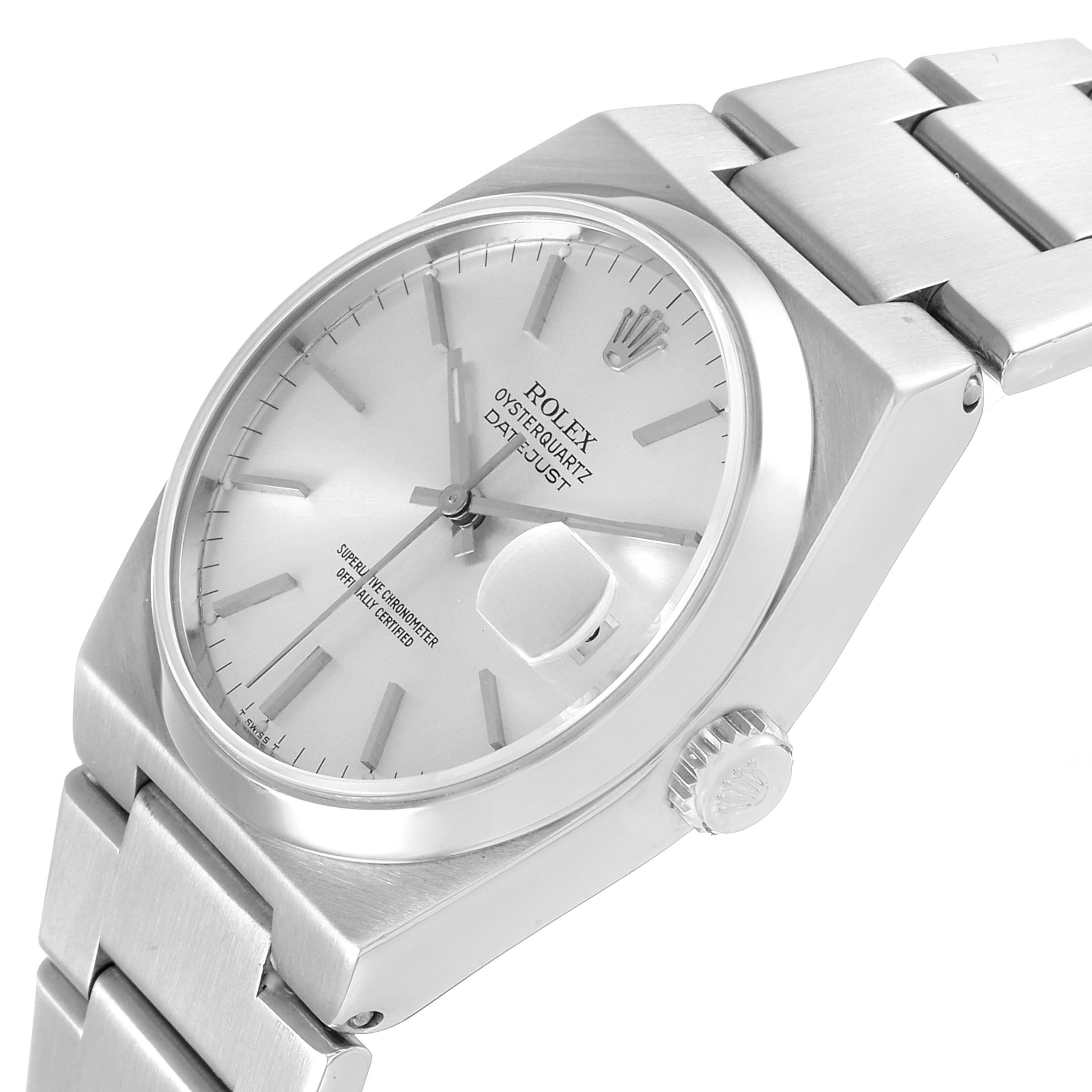 The image shows a side angle of the Rolex Oysterquartz 17000 Men's Stainless Steel Silver Dial 17000 Men's Stainless Steel Silver Dial watch, highlighting its dial, crown, and part of the bracelet.