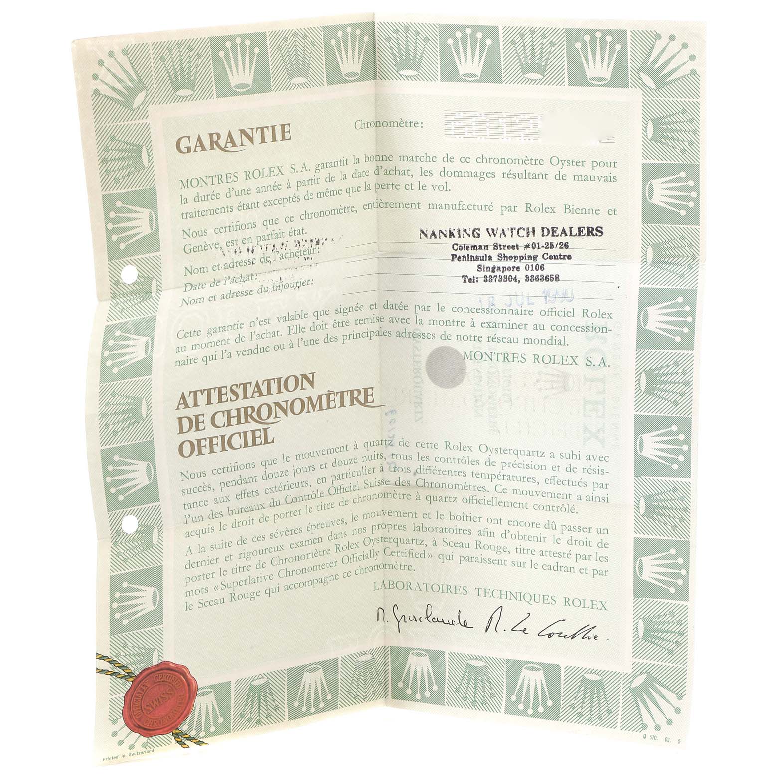 This image shows the warranty and chronometer certification papers for a Rolex Oysterquartz 17000 Men's Stainless Steel Silver Dial 17000 Men's Stainless Steel Silver Dial watch.