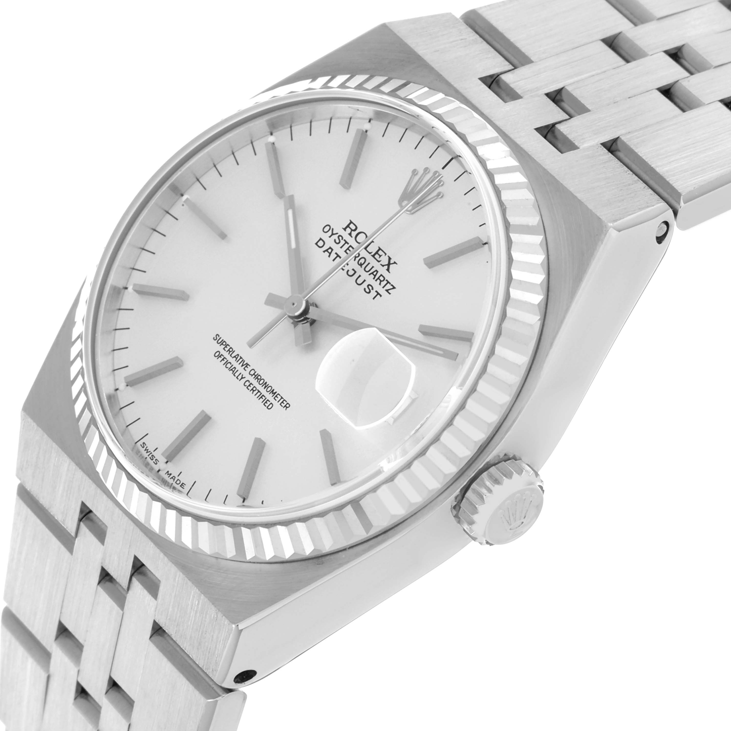 The Rolex Oysterquartz 19601 Men's Stainless Steel Silver Dial 19601 Men's Stainless Steel Silver Dial watch is shown at an oblique angle, highlighting the face, crown, and part of the bracelet.