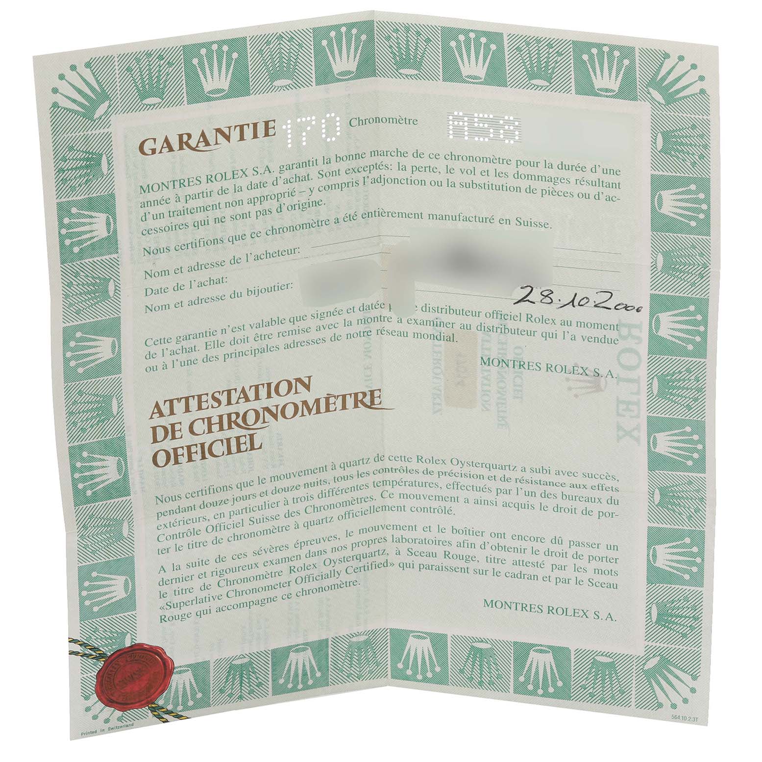 The image shows a warranty certificate for the Rolex Oysterquartz 19601 Men's Stainless Steel Silver Dial 19601 Men's Stainless Steel Silver Dial watch, viewed from a slightly angled perspective.