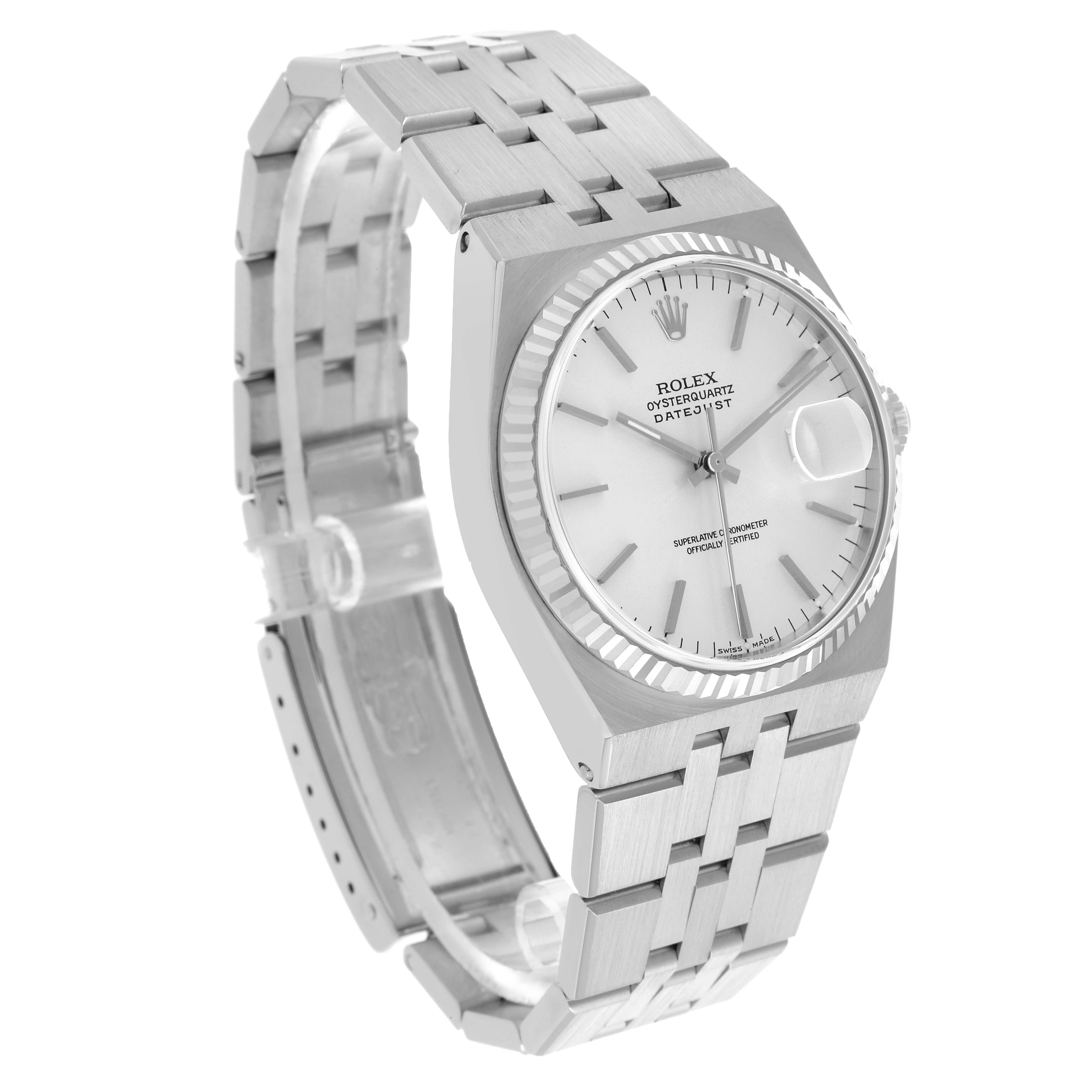 The Rolex Oysterquartz 19601 Men's Stainless Steel Silver Dial 19601 Men's Stainless Steel Silver Dial watch is shown at a three-quarter angle, displaying the face, bracelet, and crown.