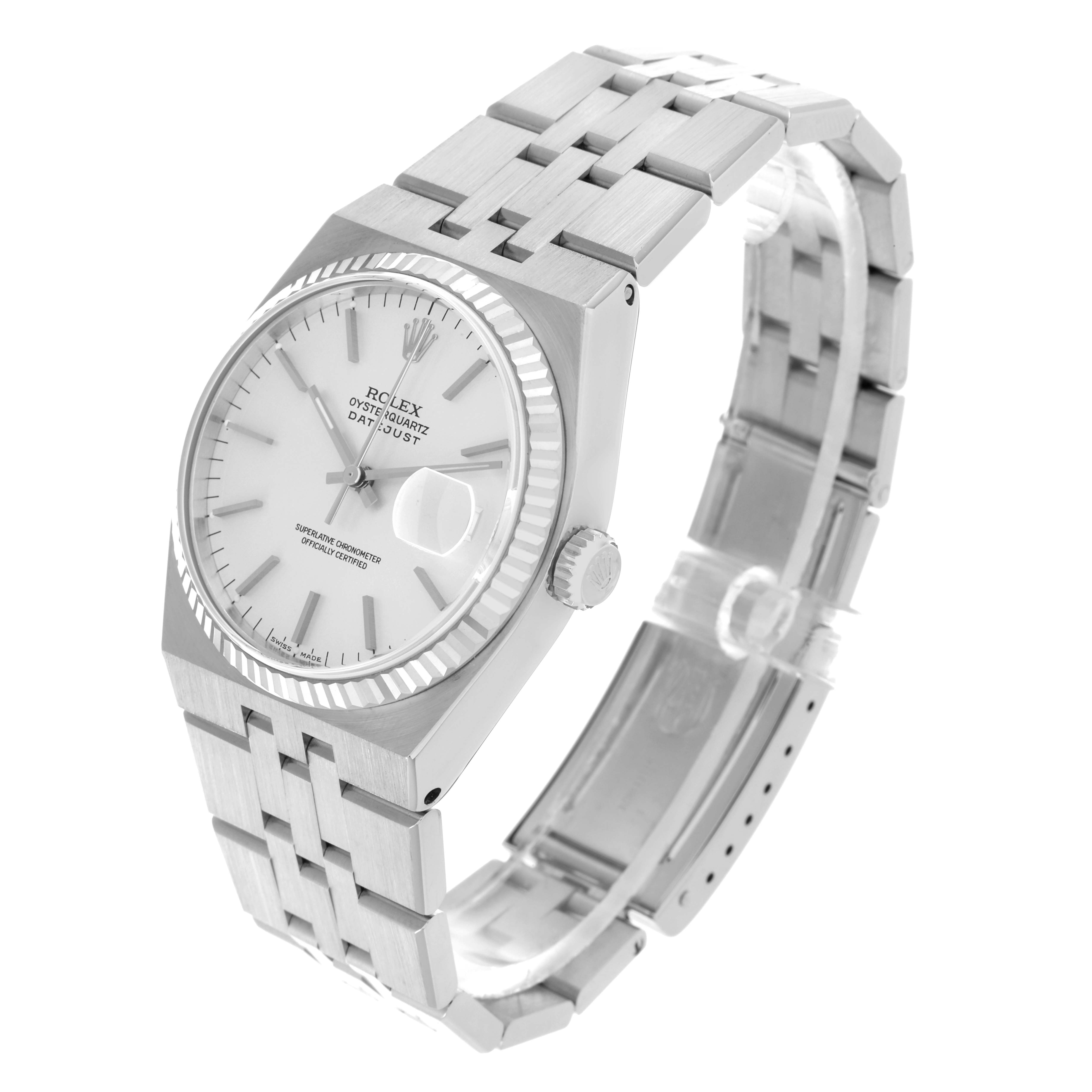 The Rolex Oysterquartz 19601 Men's Stainless Steel Silver Dial 19601 Men's Stainless Steel Silver Dial model is shown at an angle highlighting the watch face, bracelet, and side profile.