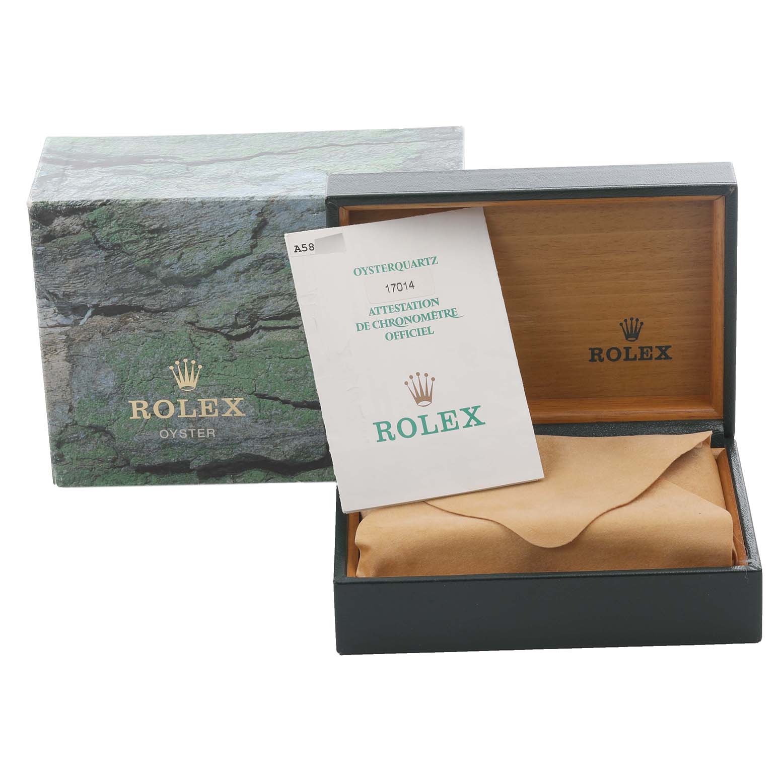 The image shows a Rolex Oysterquartz 19601 Men's Stainless Steel Silver Dial 19601 Men's Stainless Steel Silver Dial watch box with a certificate and outer packaging.