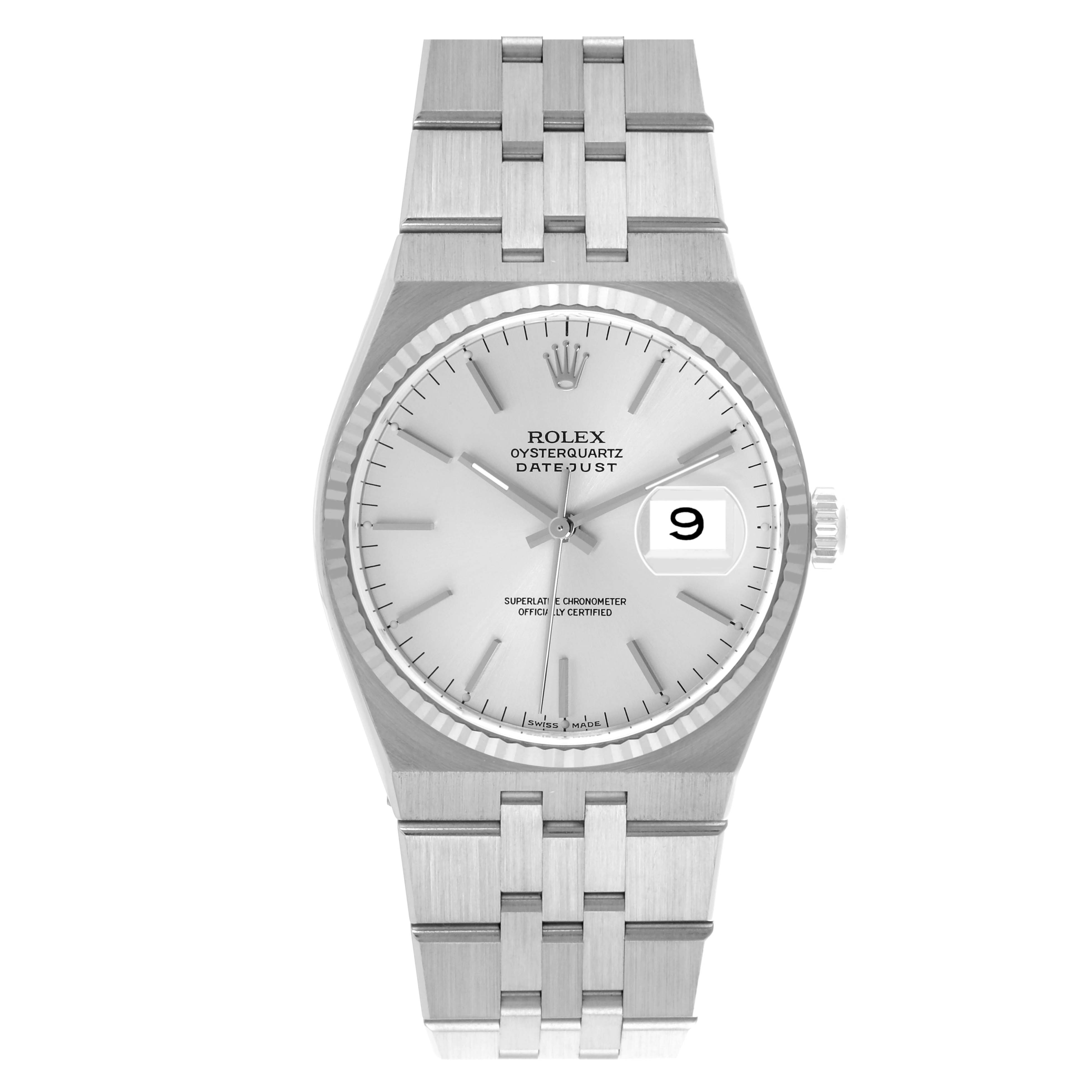 The Rolex Oysterquartz 19601 Men's Stainless Steel Silver Dial 19601 Men's Stainless Steel Silver Dial watch is shown from a top-down angle, displaying the face, bezel, and bracelet clearly.