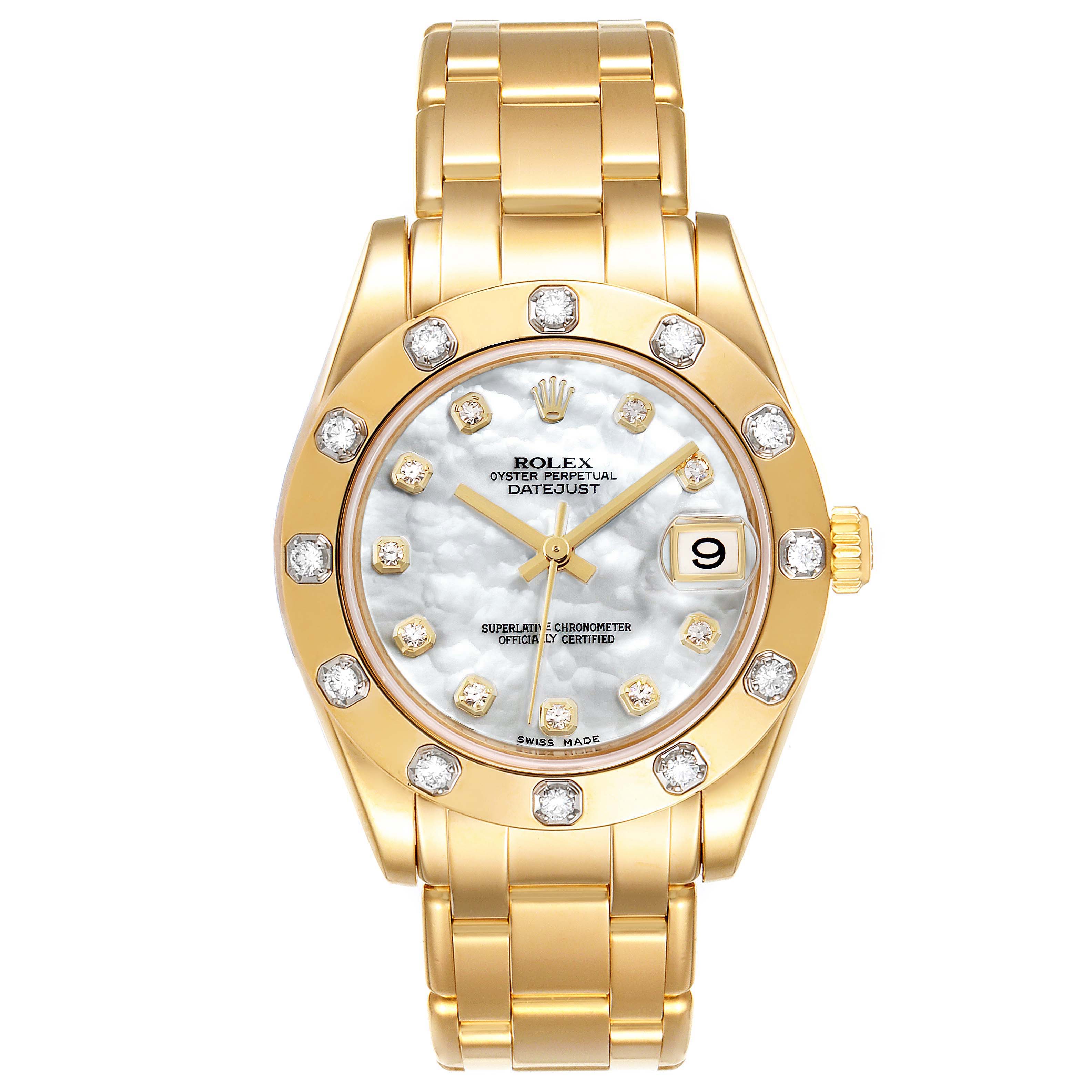 The image shows a front view of the Rolex Pearlmaster 81318 Women's Yellow Gold Mother of Pearl Dial 81318 Women's Yellow Gold Mother of Pearl Dial watch, showcasing its gold band, diamond markers, and date display.