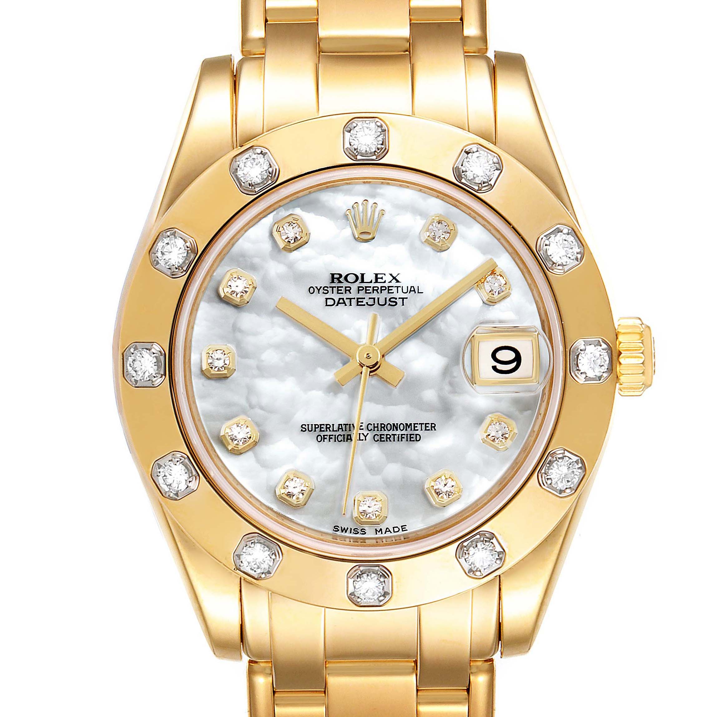 This image shows a front view of the Rolex Pearlmaster 81318 Women's Yellow Gold Mother of Pearl Dial 81318 Women's Yellow Gold Mother of Pearl Dial watch, highlighting its diamond-encrusted bezel, dial, and bracelet.