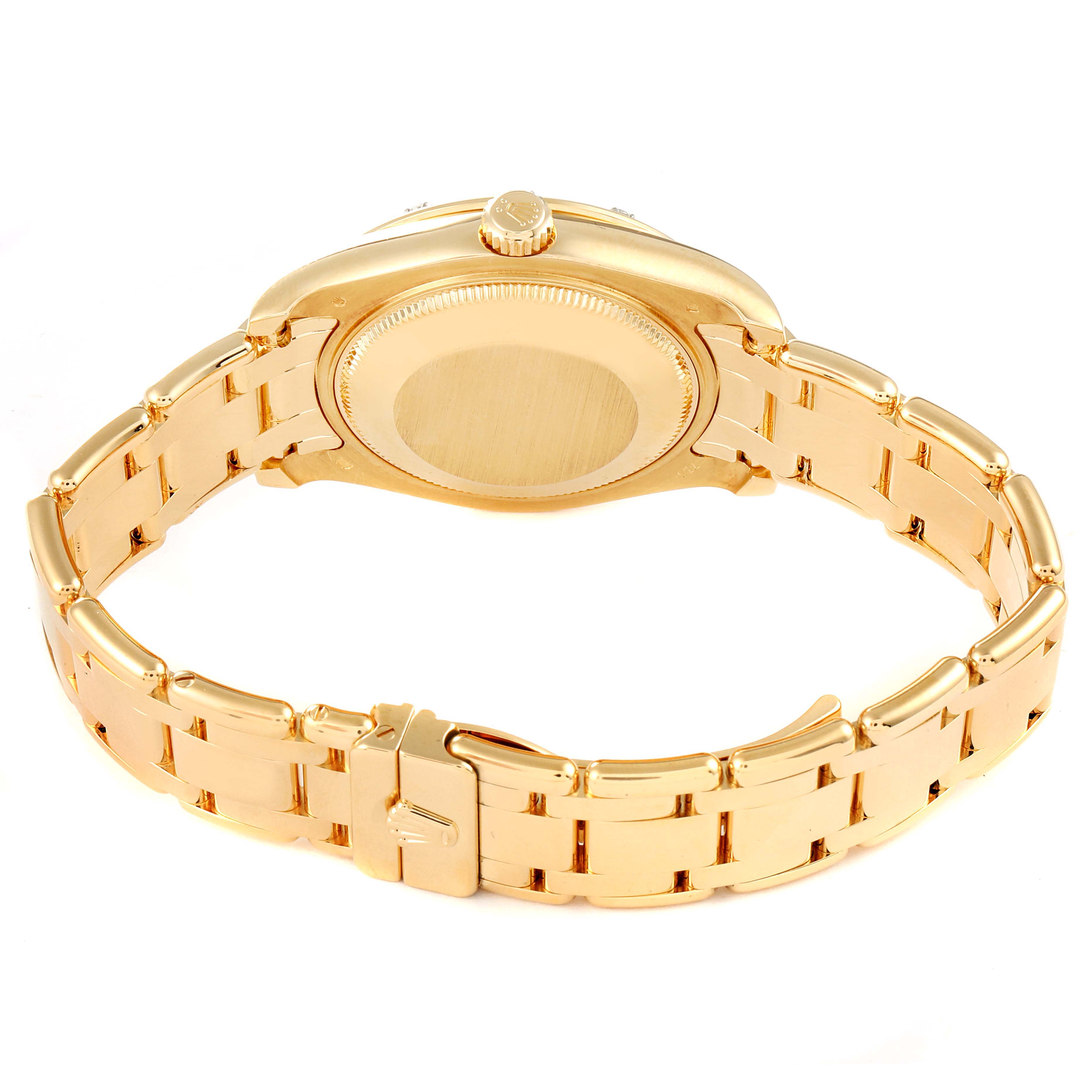 This image shows the back case, crown, and bracelet of the Rolex Pearlmaster 81318 Women's Yellow Gold Mother of Pearl Dial 81318 Women's Yellow Gold Mother of Pearl Dial watch from a rear angle.