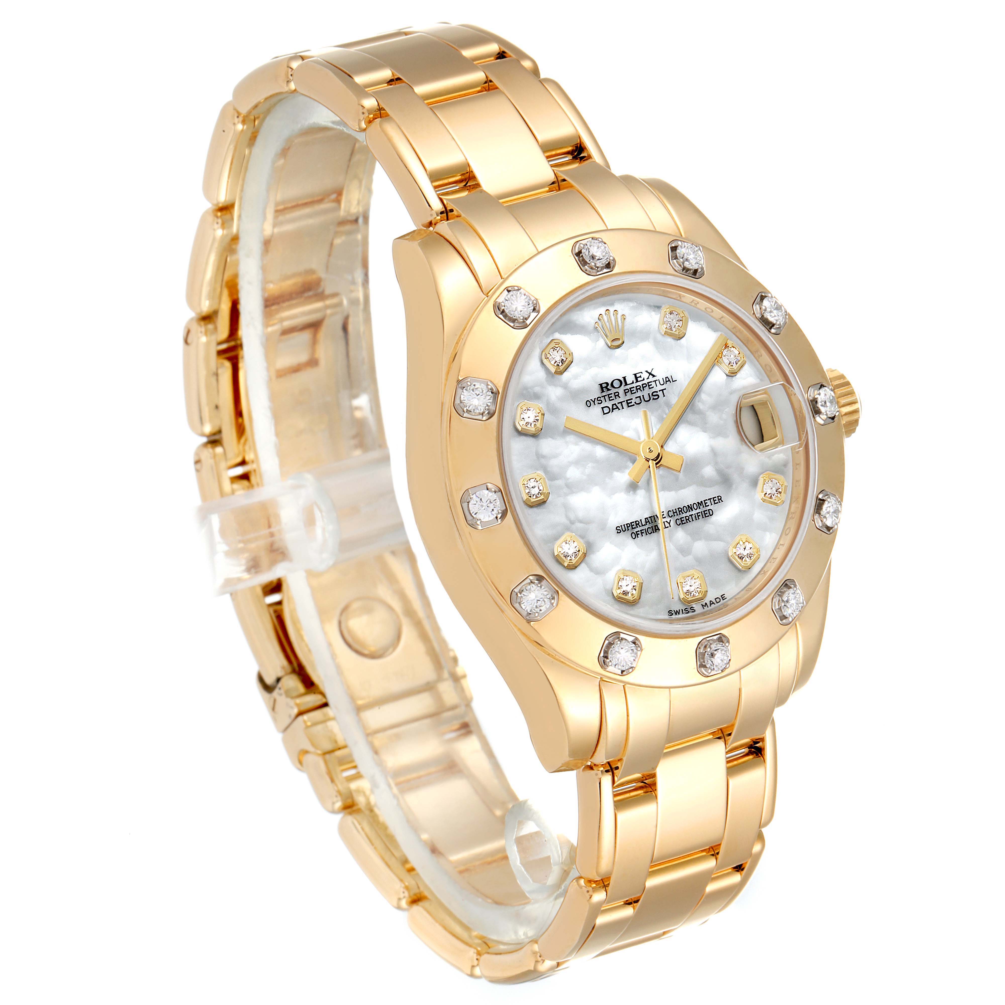 This image shows a Rolex Pearlmaster 81318 Women's Yellow Gold Mother of Pearl Dial 81318 Women's Yellow Gold Mother of Pearl Dial watch at a slightly tilted angle, highlighting its gold bracelet, diamond bezel, and mother-of-pearl dial.