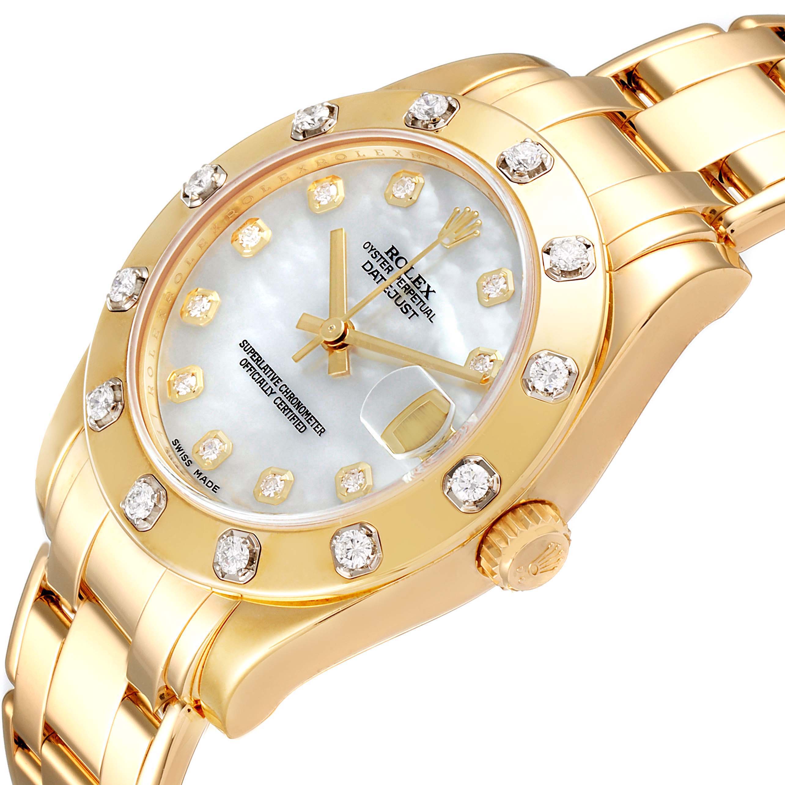 The image shows a Rolex Pearlmaster 81318 Women's Yellow Gold Mother of Pearl Dial 81318 Women's Yellow Gold Mother of Pearl Dial watch angled from the front, highlighting the face, bezel, and part of the bracelet.