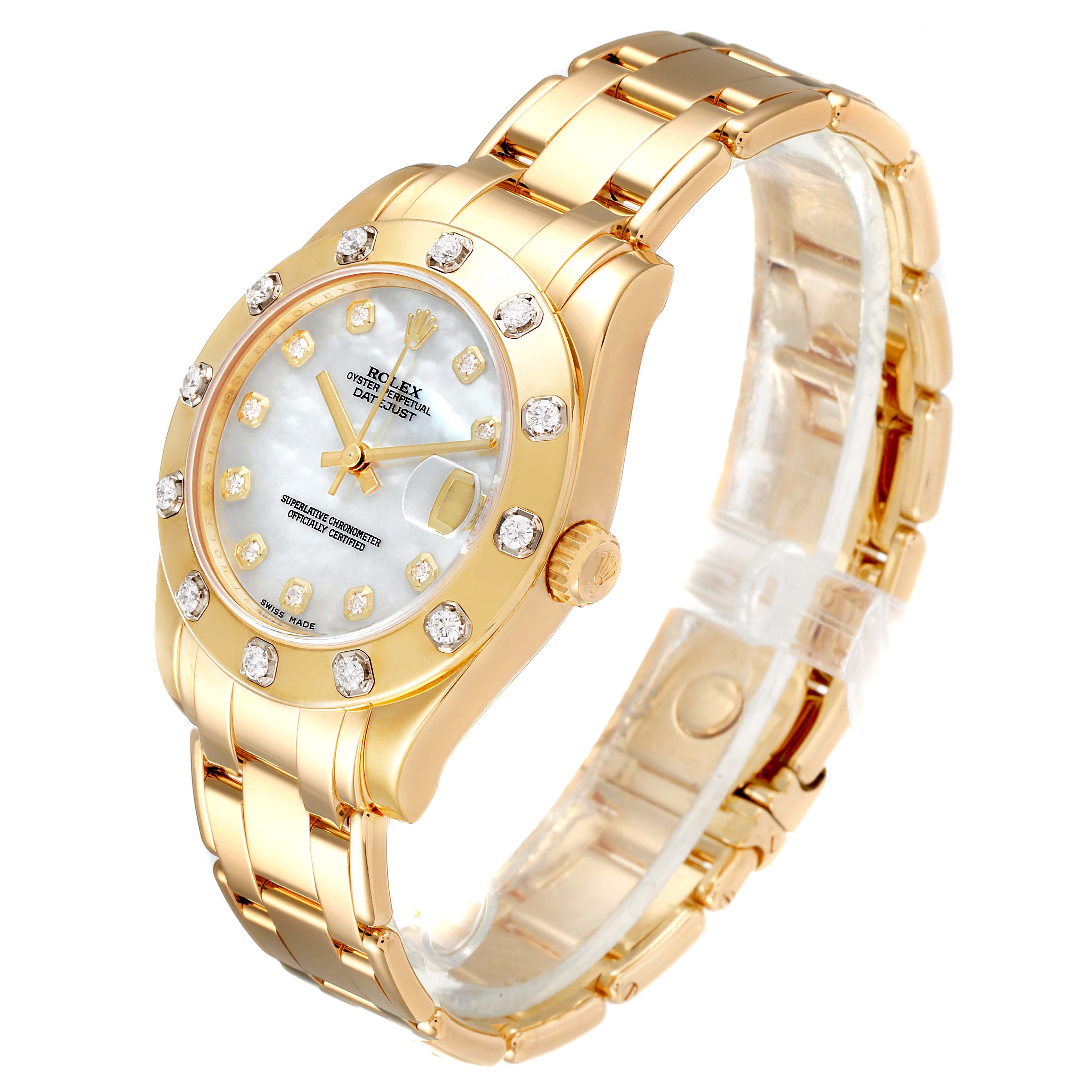 The image shows a Rolex Pearlmaster 81318 Women's Yellow Gold Mother of Pearl Dial 81318 Women's Yellow Gold Mother of Pearl Dial watch from a three-quarter angle, showcasing its gold case, bracelet, diamond bezel, and mother-of-pearl dial.