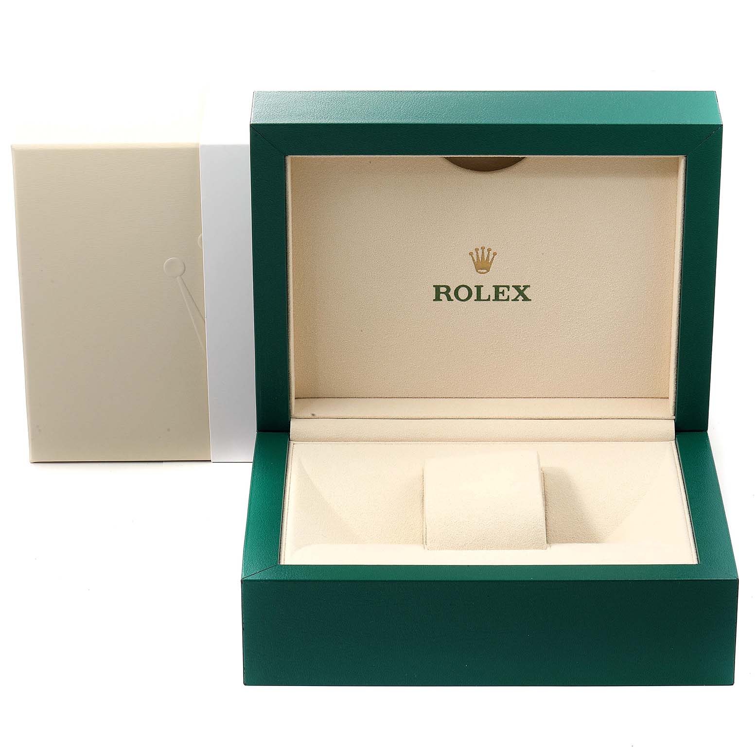 The image shows an open green and beige Rolex watch box for a Pearlmaster model.