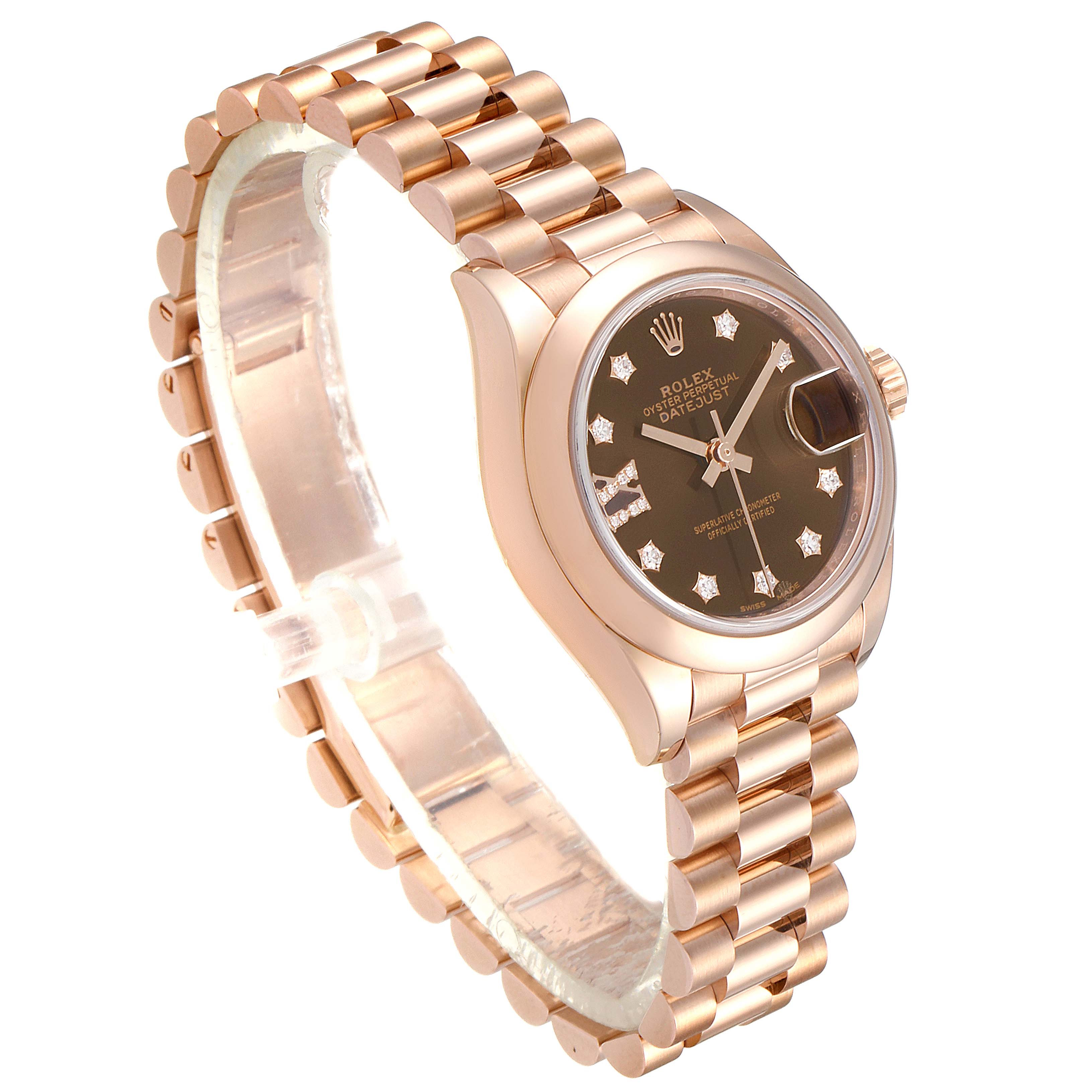 This image shows a Rolex President 279165 Women's Rose Gold Brown Dial 279165 Women's Rose Gold Brown Dial watch at a slight angle, highlighting its face and bracelet.