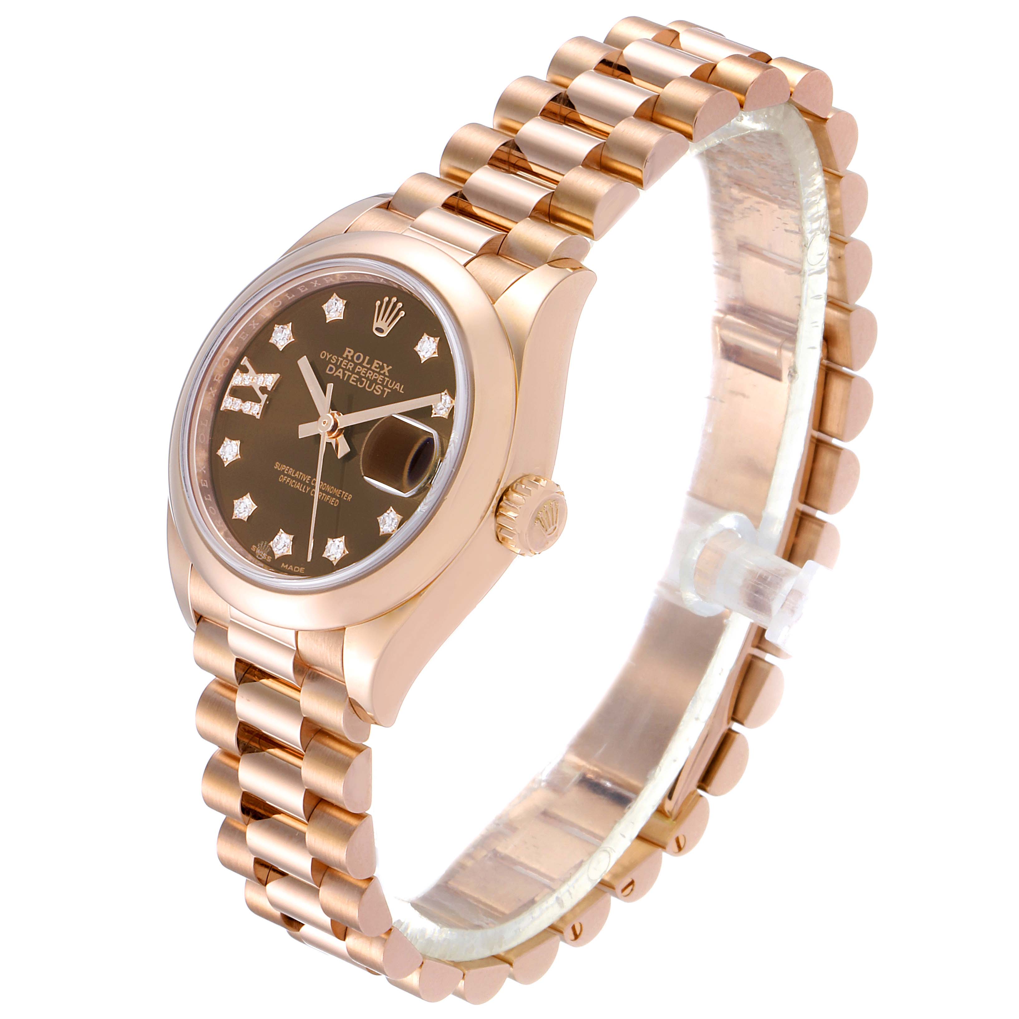 The Rolex President 279165 Women's Rose Gold Brown Dial 279165 Women's Rose Gold Brown Dial watch is angled to show the face, crown, and part of the band, highlighting its gold finish and dial details.