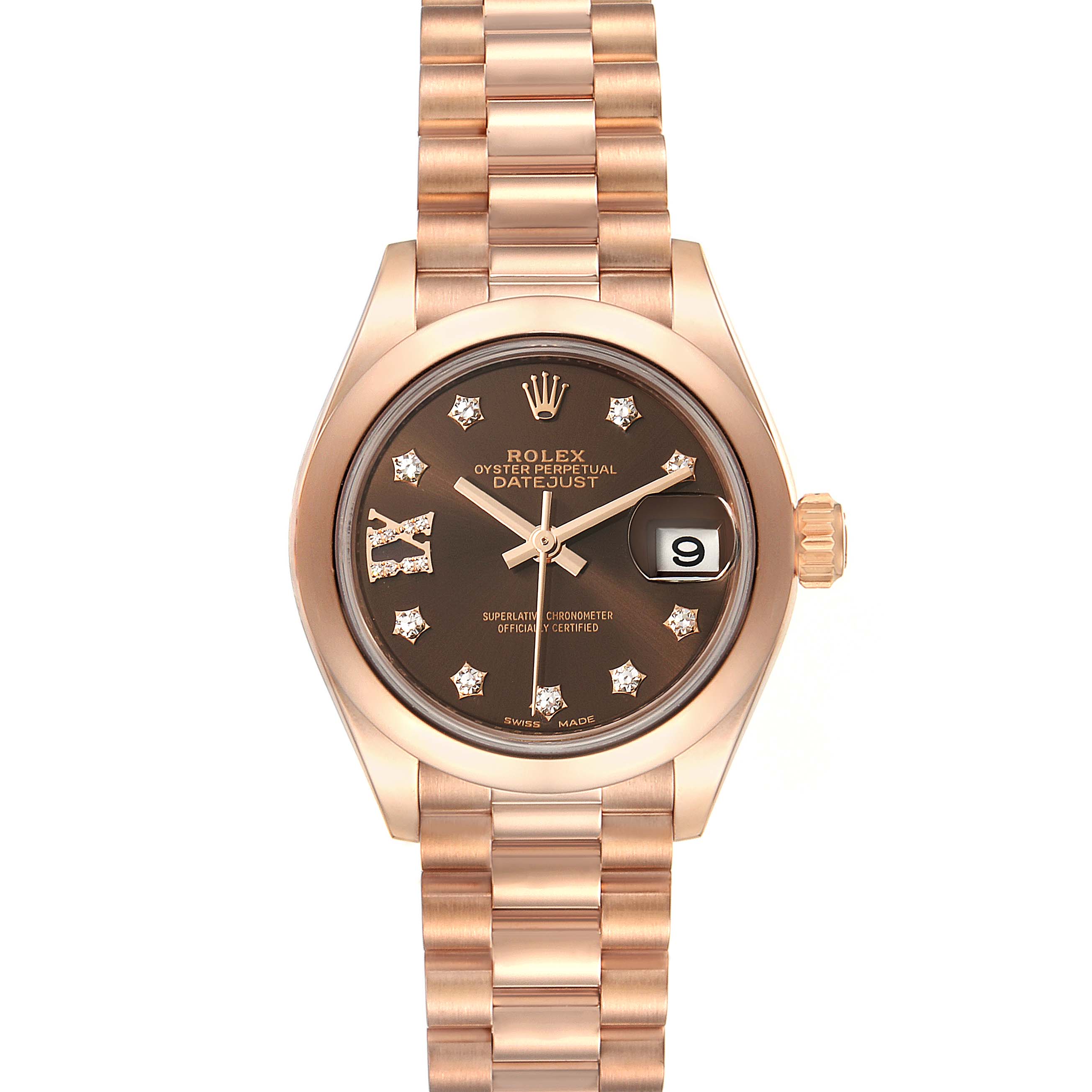 The image shows a frontal view of a Rolex President 279165 Women's Rose Gold Brown Dial 279165 Women's Rose Gold Brown Dial Datejust watch with a rose gold band and a brown dial with diamond markers.