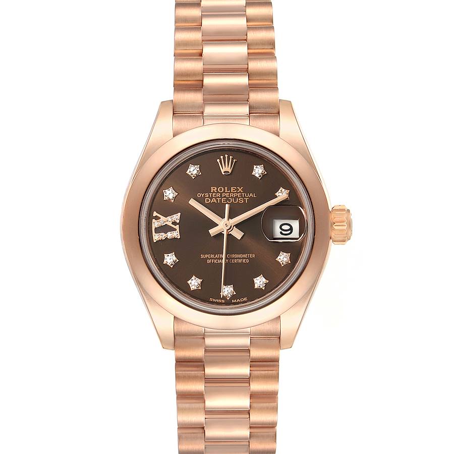 Rolex President 28 Rose Gold Chocolate Dial Ladies Watch 279165 Box Card SwissWatchExpo