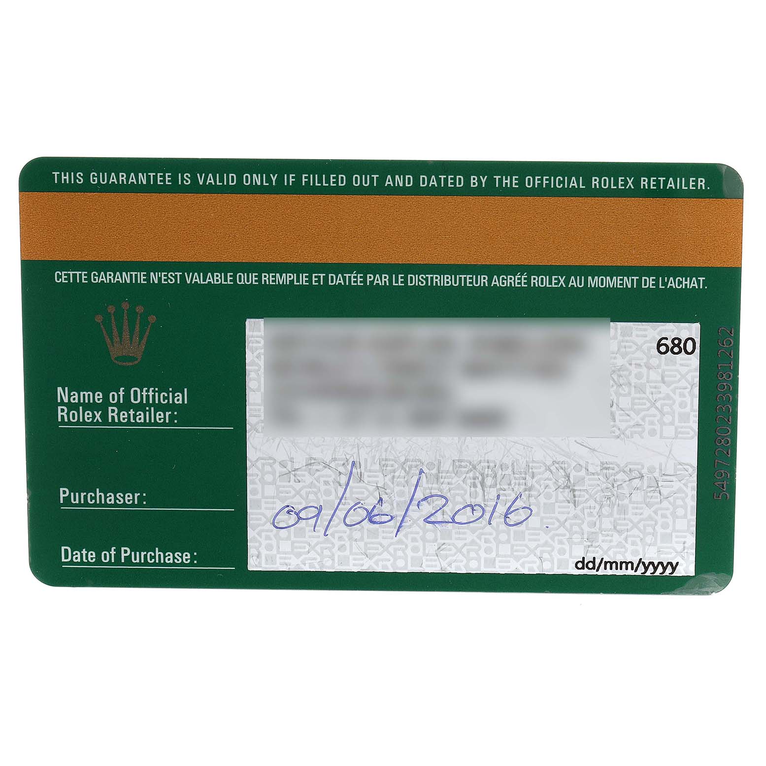 This image shows the warranty card for the Rolex President 279165 Women's Rose Gold Brown Dial 279165 Women's Rose Gold Brown Dial model watch.