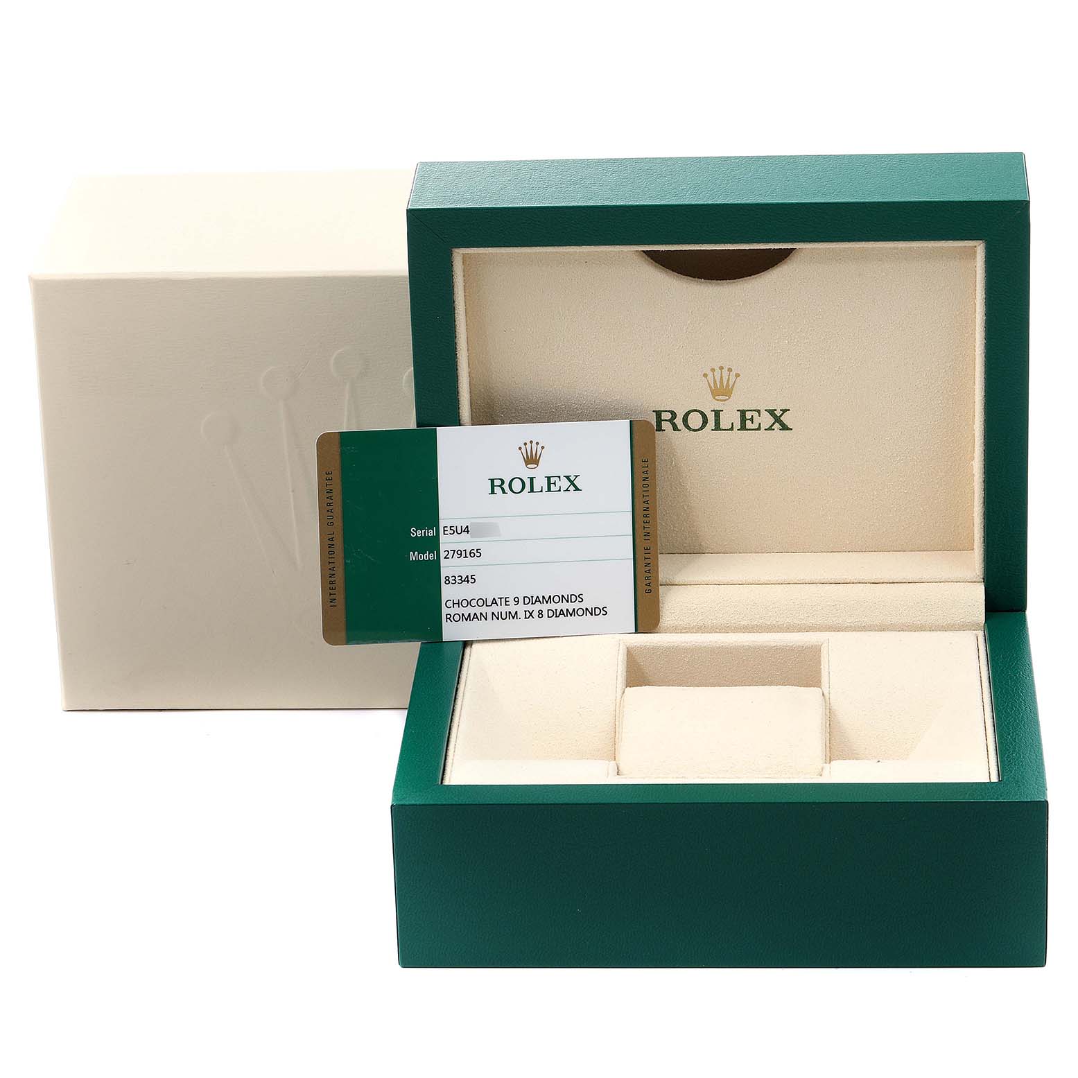 This image shows the open box and authenticity card for a Rolex President 279165 Women's Rose Gold Brown Dial 279165 Women's Rose Gold Brown Dial model watch.