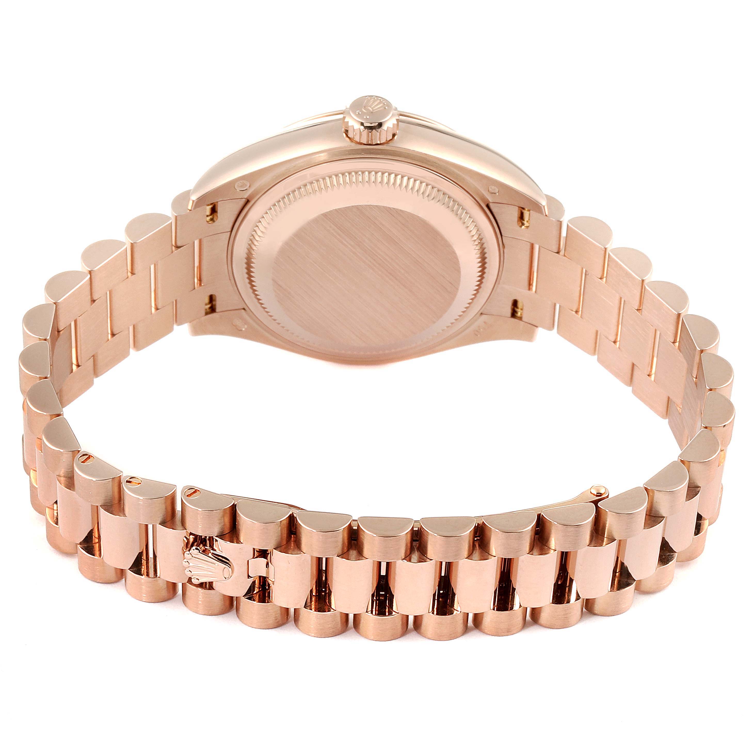 The image shows the back case and bracelet of a Rolex President 279165 Women's Rose Gold Brown Dial 279165 Women's Rose Gold Brown Dial model watch from a rear angle.