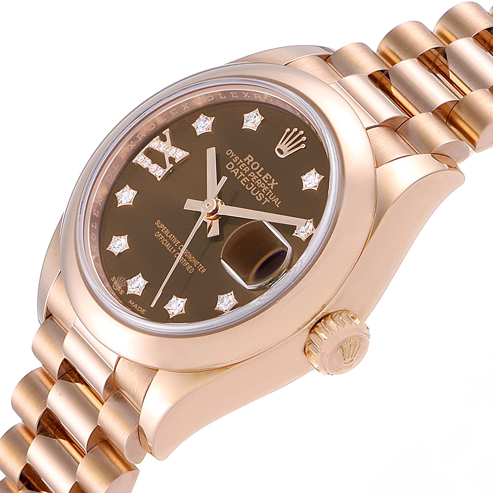 The Rolex President 279165 Women's Rose Gold Brown Dial 279165 Women's Rose Gold Brown Dial watch is shown in a close-up, angled view highlighting the face, bezel, and part of the bracelet.
