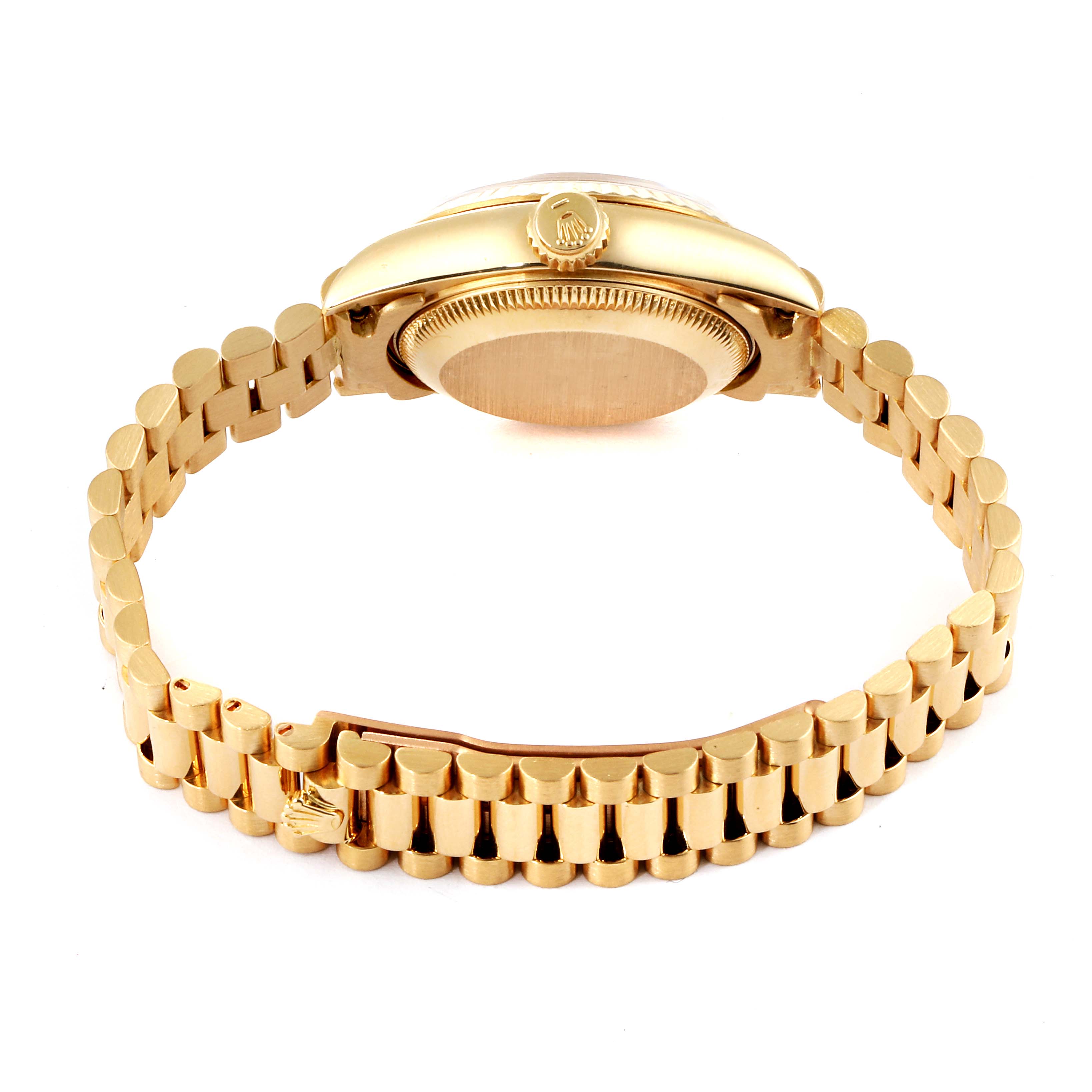 This image depicts the back case and bracelet of a Rolex President 69178 Women's Yellow Gold Champagne Dial 69178 Women's Yellow Gold Champagne Dial model watch from a side angle.