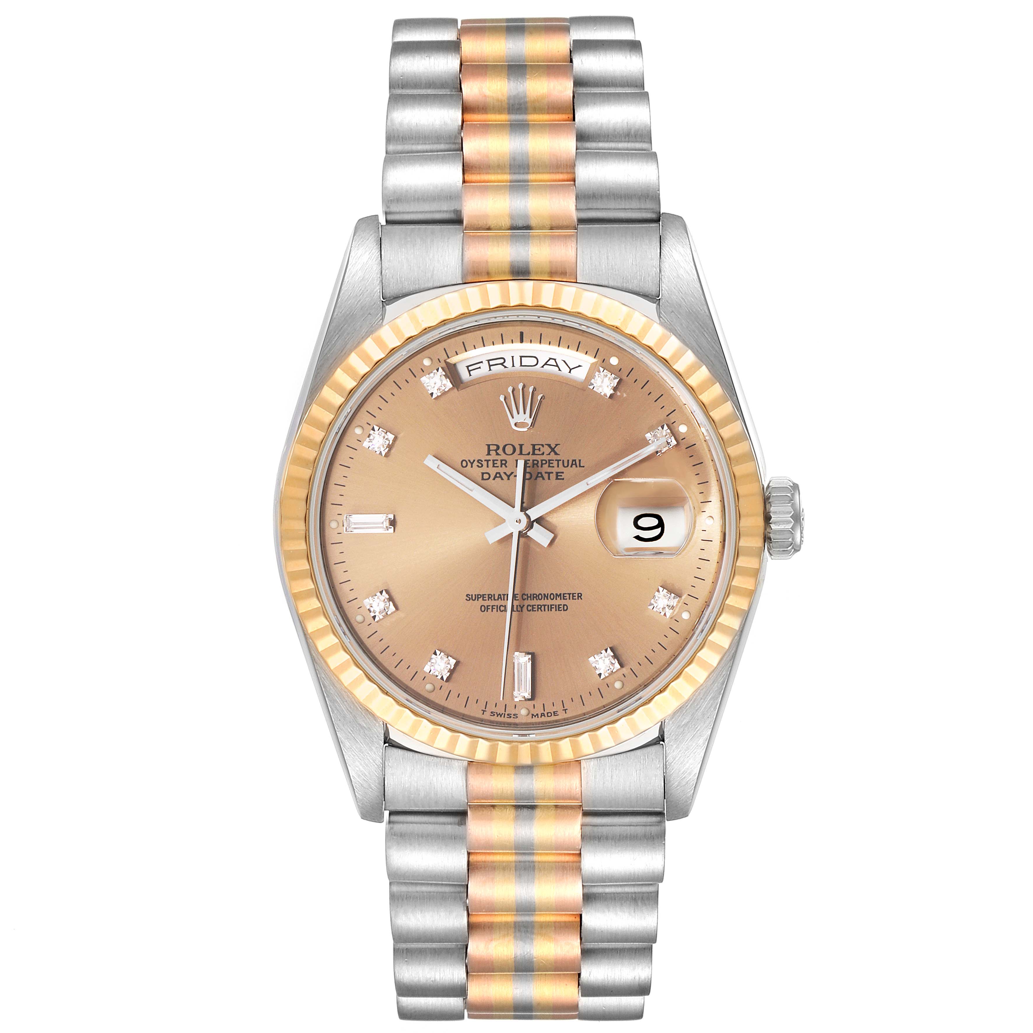 The Rolex President 18239 Men's White Gold Brown Dial 18239 Men's White Gold Brown Dial model watch is shown from the front, displaying the face, bracelet, and crown.