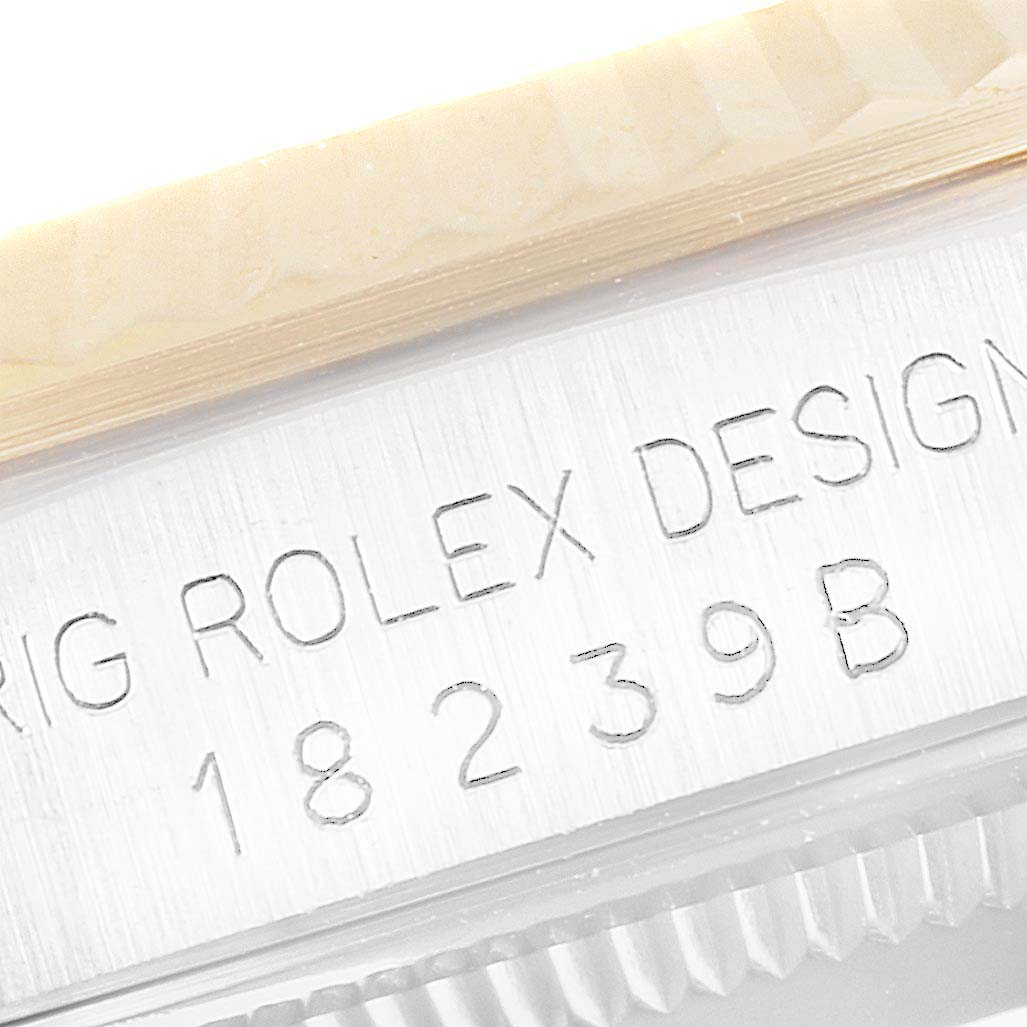 The close-up image shows the side engraving of a Rolex President 18239 Men's White Gold Brown Dial 18239 Men's White Gold Brown Dial model watch.