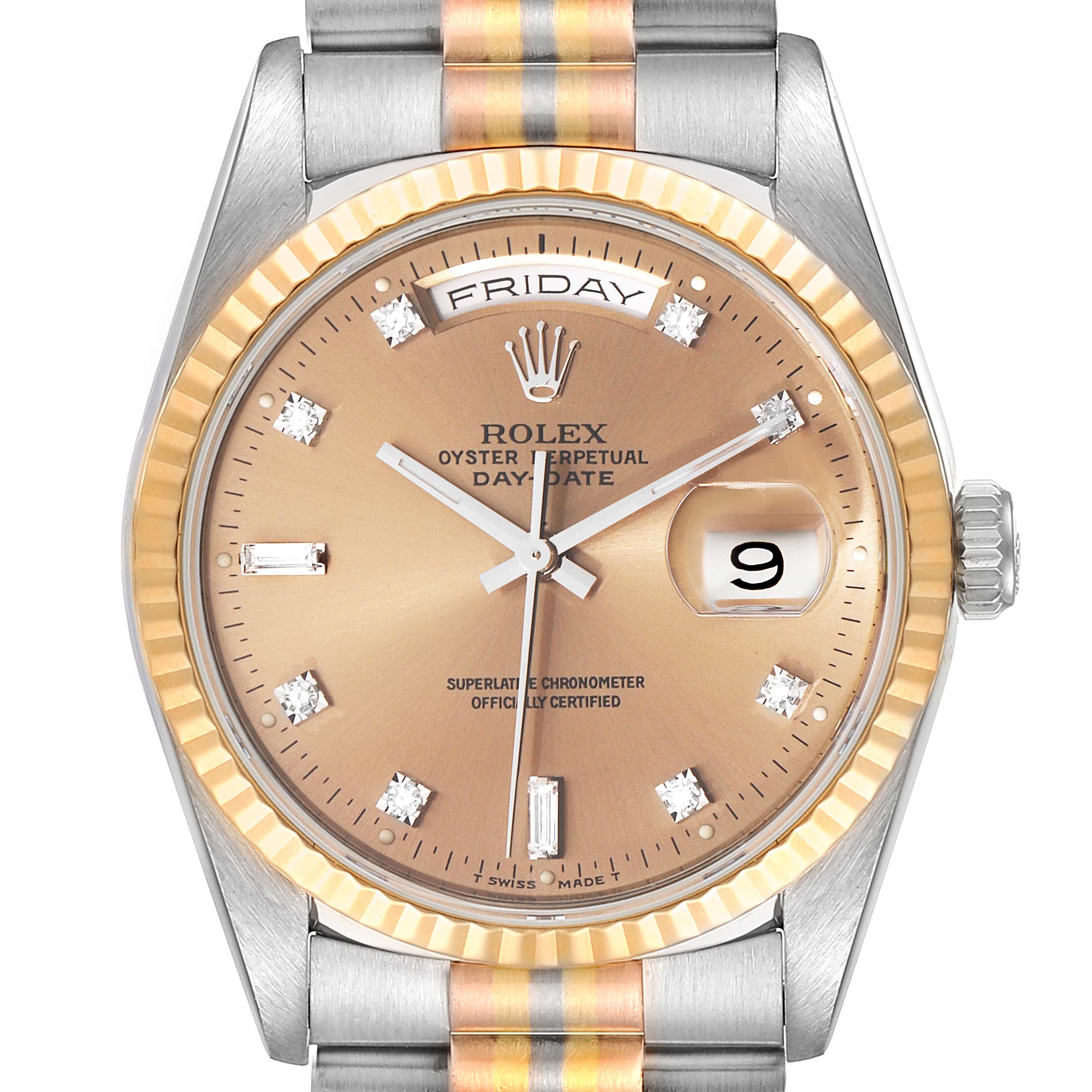 The Rolex President 18239 Men's White Gold Brown Dial 18239 Men's White Gold Brown Dial model is shown from the front, featuring a gold bezel, day and date windows, and a two-tone bracelet.