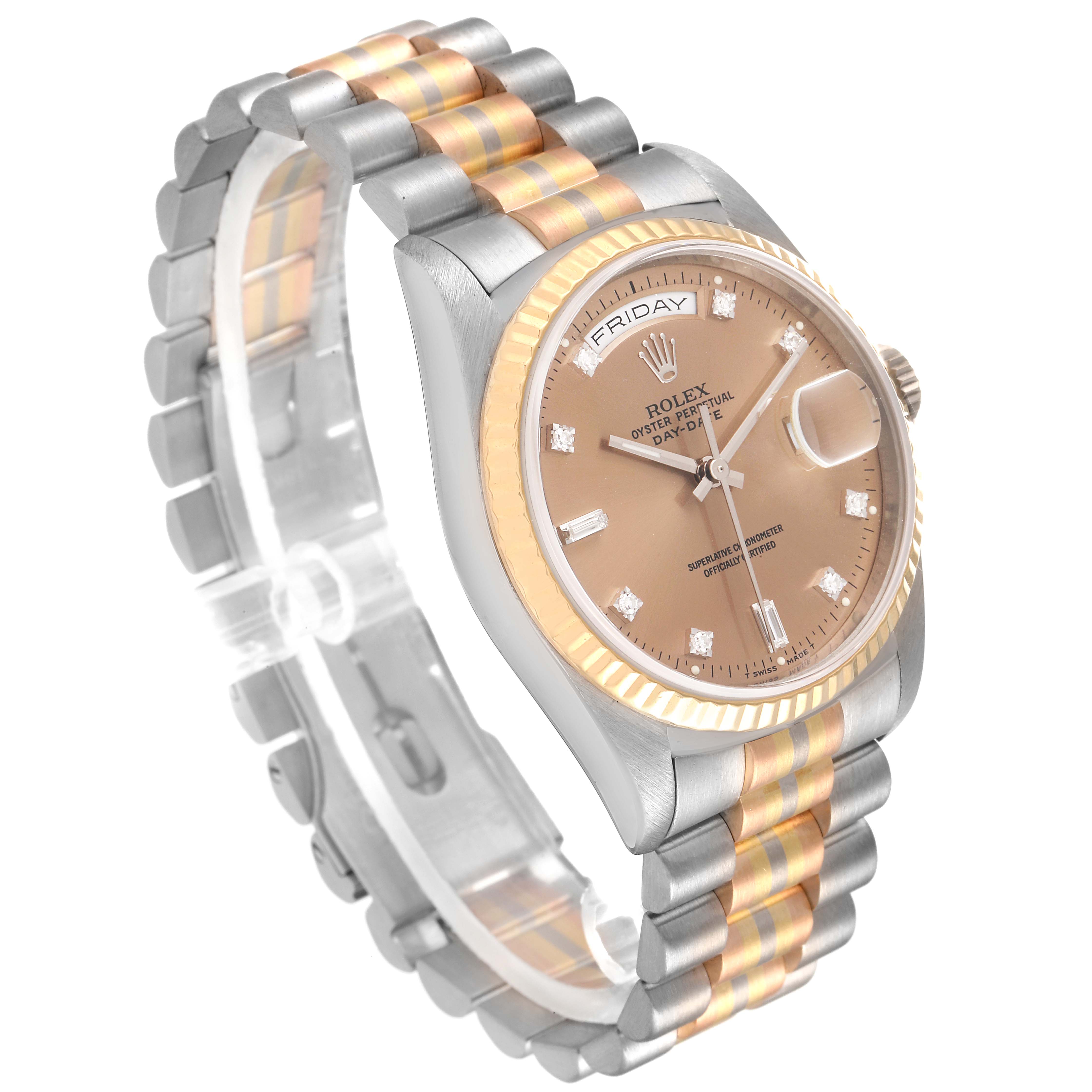 The image shows a Rolex President 18239 Men's White Gold Brown Dial 18239 Men's White Gold Brown Dial model watch at a front three-quarter angle, highlighting the dial, bezel, and bracelet.