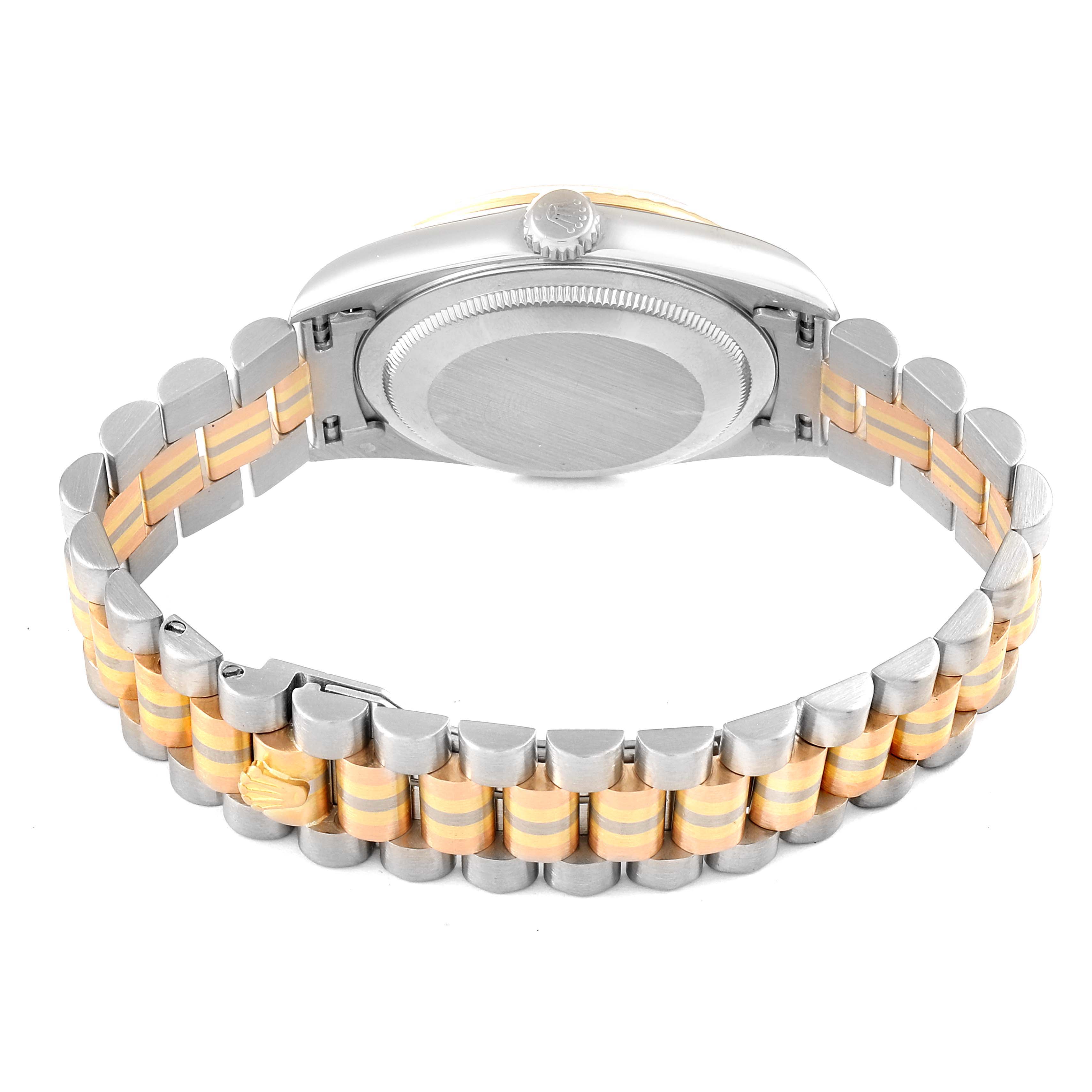 This image shows the backside and clasp of the Rolex President 18239 Men's White Gold Brown Dial 18239 Men's White Gold Brown Dial watch, highlighting its two-tone bracelet.