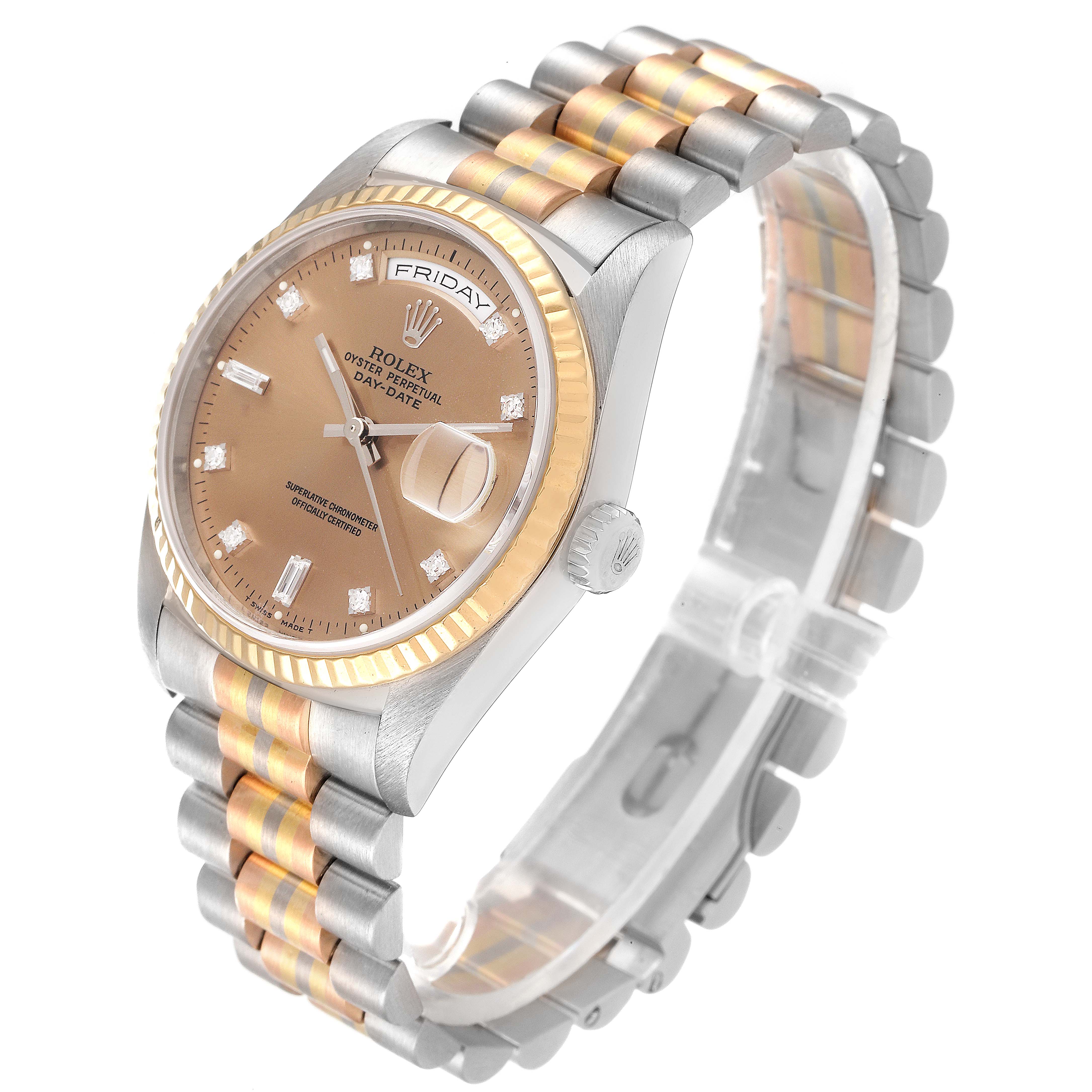 The image shows a Rolex President 18239 Men's White Gold Brown Dial 18239 Men's White Gold Brown Dial model watch at a three-quarter angle, displaying its face, bezel, crown, and two-tone bracelet.